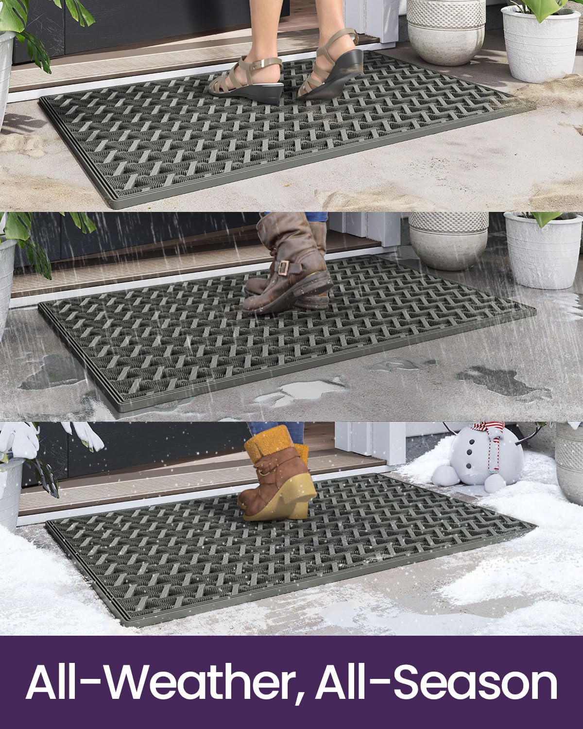 DEXI Front Door Mat Outside Entrance Rubber 19x30, Welcome Floor Doormat Heavy Duty Non Slip, Dirt Trapper Waterproof Exterior Entry Mats All Weather for Patio Entryway Drainage, Grey