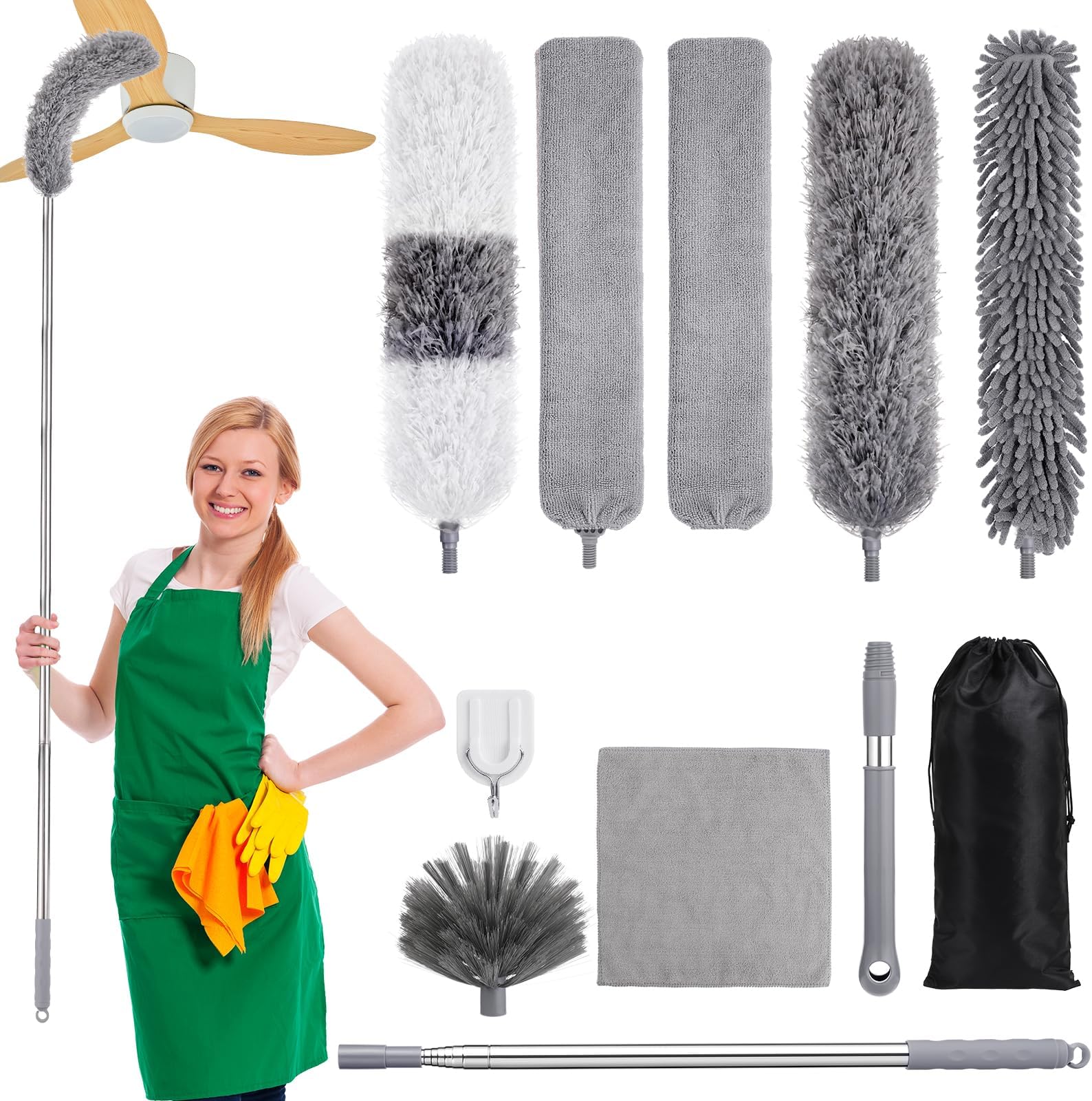Feather Duster with Extension Pole, 11 Pcs Reusable Bendable Washable Cobweb Duster with Extension Pole 15-84 Inch0, for Cleaning High Ceilings, Fans, Furniture and Hard-to-Reach Areas