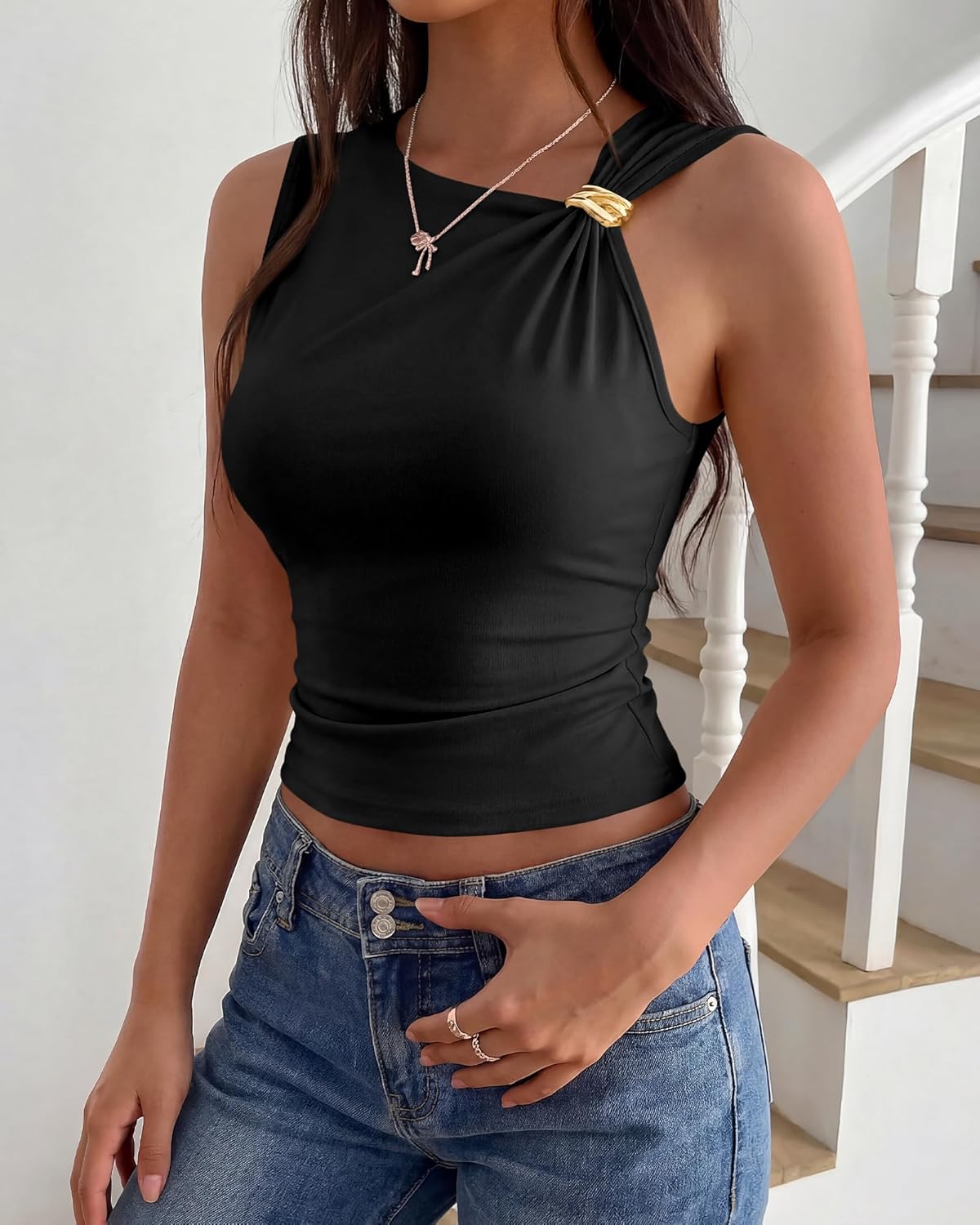 BTFBM Spring Tops for Women 2026 Asymmetrical Neck Sleeveless Going Out Summer Outfits Casual Ruched Y2k Tank Top Clothes - Image 3