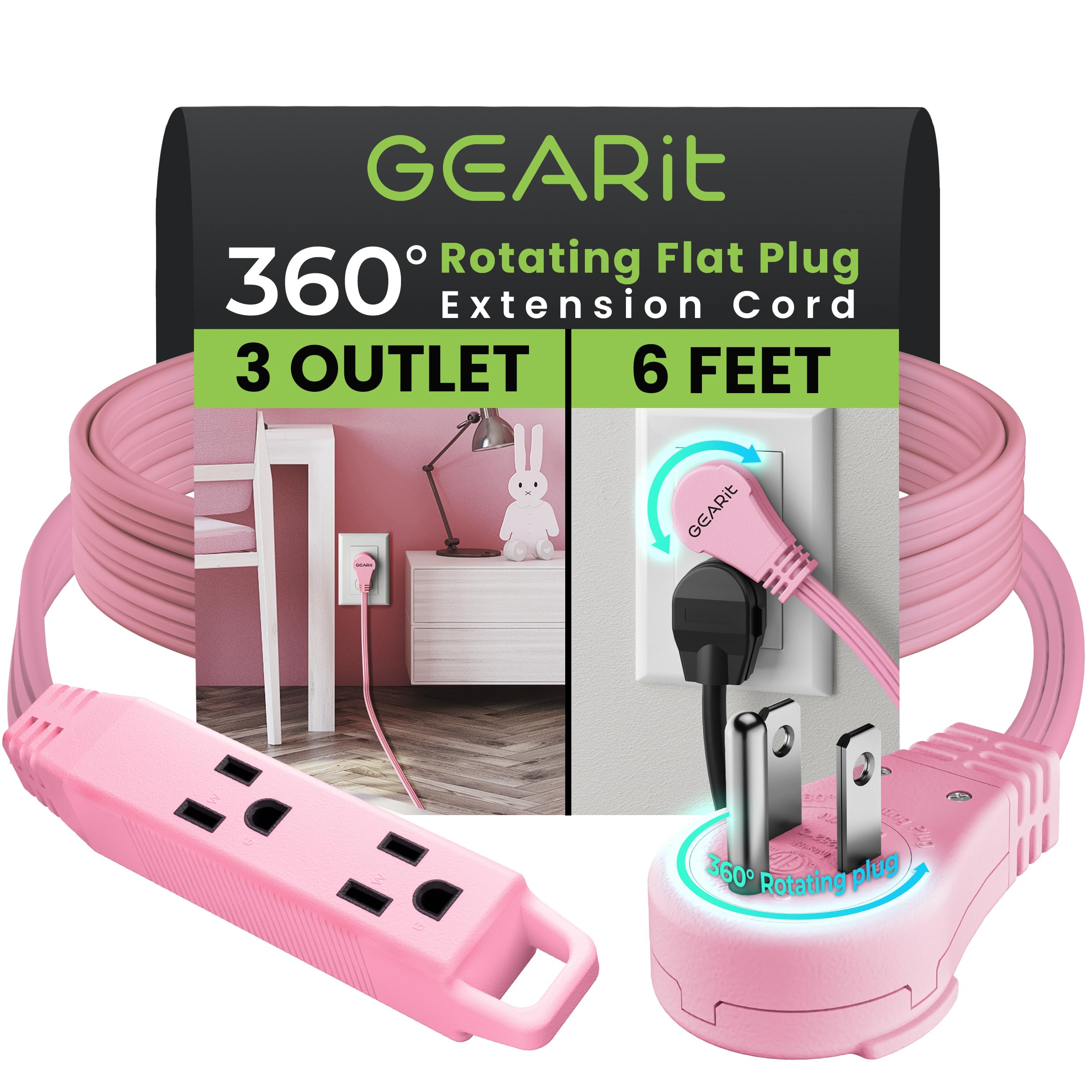 GEARit 360 Rotating Flat Plug Short Extension Cord with 3 Outlets (6ft, Pink) 16AWG/13A 3 Prong Wire, Outlet Saver for Home Office Dorm Room