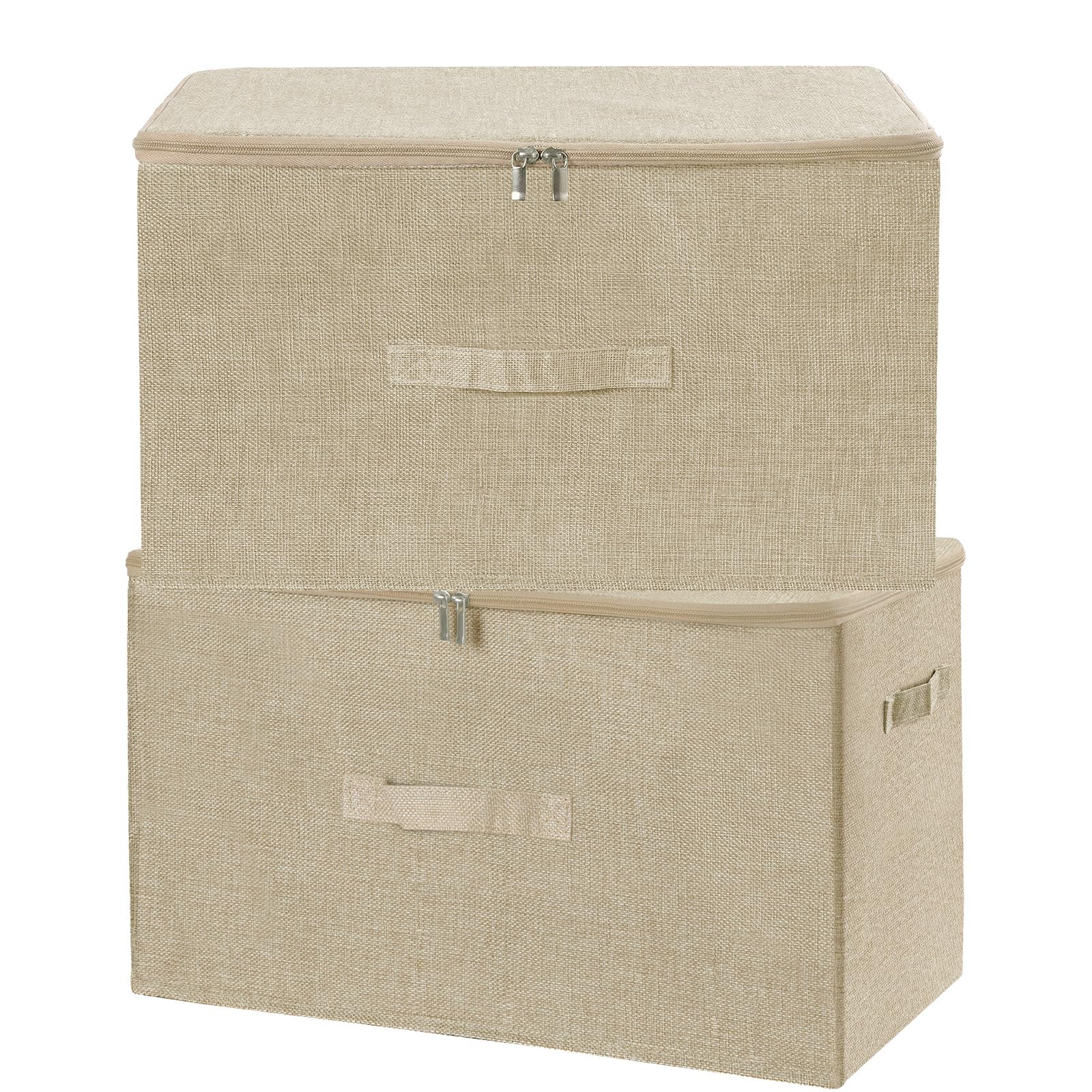 ANMINY Aufbewahrungskörbe mit Reißverschluss-Deckel, 51,9 l, Stoff-Aufbewahrungsboxen, Körbe, Würfel mit Griffen, faltbar, waschbar, Baumwollleinen, Schrankregal, Kleider-Organizer – Beige, extra groß