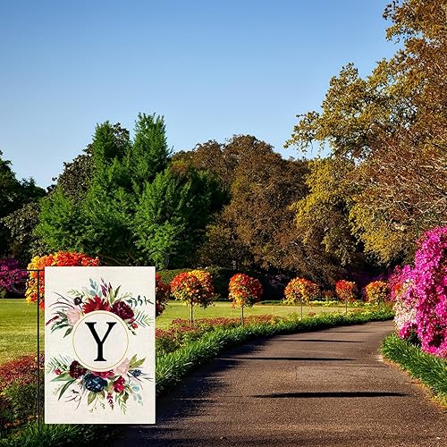 Miniatura 6 de Banderas de jardín con monograma con letra Y, bandera de jardín de verano de 12 x 18 pulgadas, banderas florales de doble cara para patio, bandera
