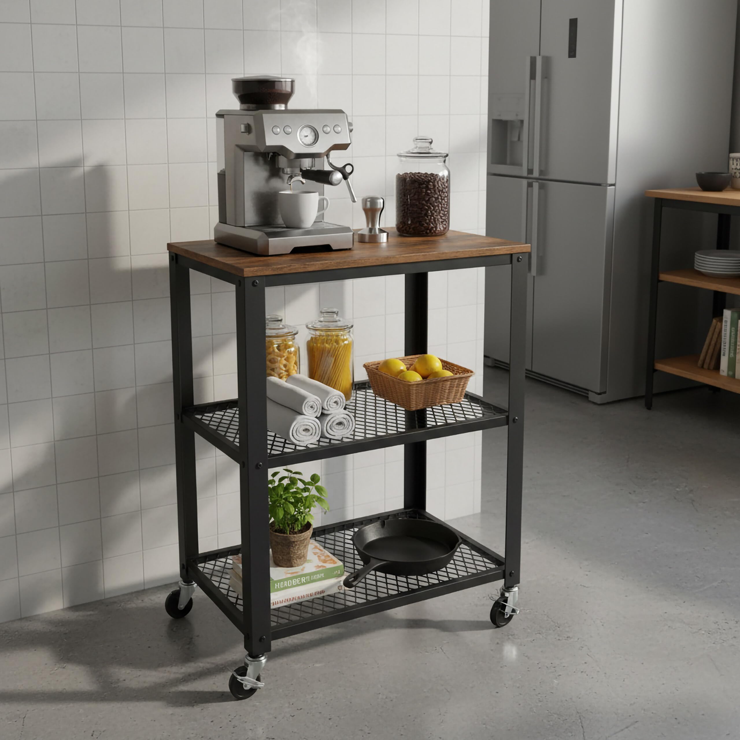 Relaxdays Desserte 3 Niveaux Aspect Bois à roulettes, Cuisine/Maison/Bureau, H×L×P 77,5×60×40 cm métal Brun-Noir