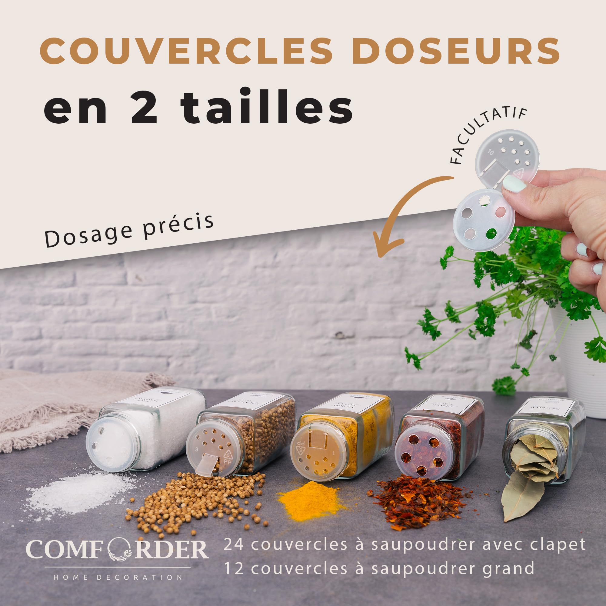 comforder – Pots à Épices en Verre et Bois + 336 Étiquettes Françaises pour Épices + 2 Moulins – 24 Bocaux de Cuisine 120 ml
