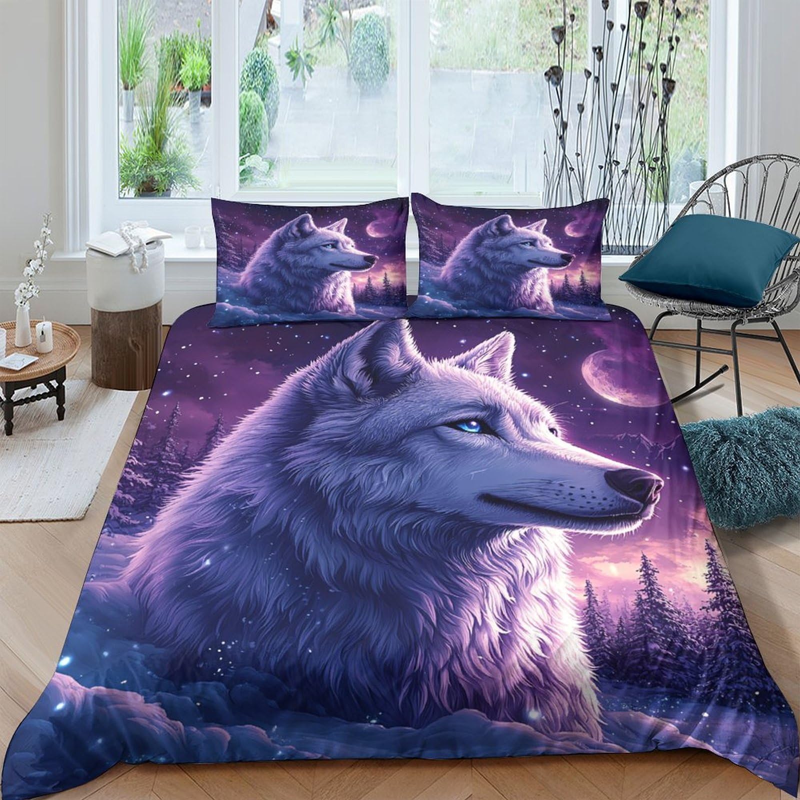 Ctjqhvkz Style-8 3D Printed Purple Wolf Fitted Sheet Microfiber Soft Breathable Moon Forest Mattress Cover For Bedroom Dorm Decor Single（135X200cm）