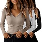 3 Pack Women's Long Sleeve T Shirts Cotton V Neck Slim Fit Tops Ribbed Knit Layering Casual Basic Tees 2025 Fall