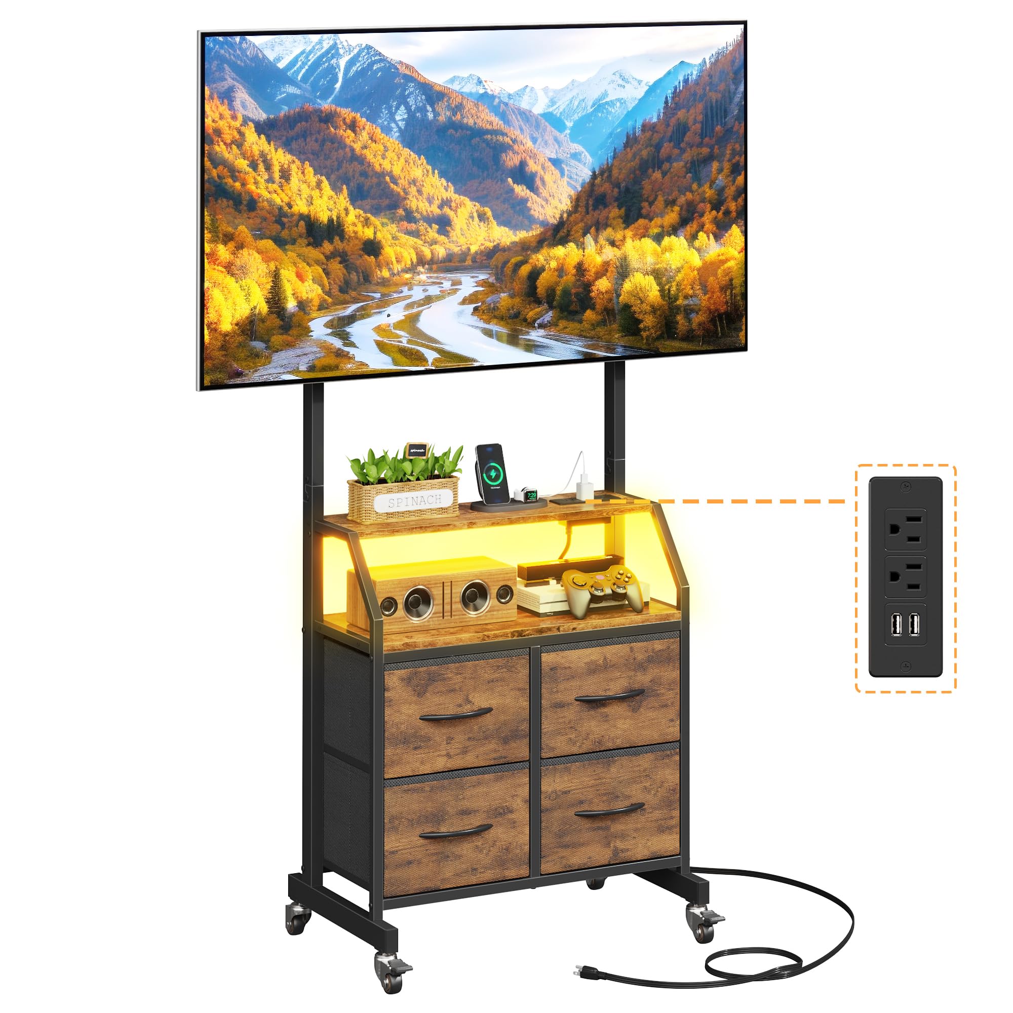 OYRREU LED Light TV Stand on Wheels with Mount and Power Outlets, Rolling TV Stand Adjustable Height & 4 Drawer Storage,Black — view 12