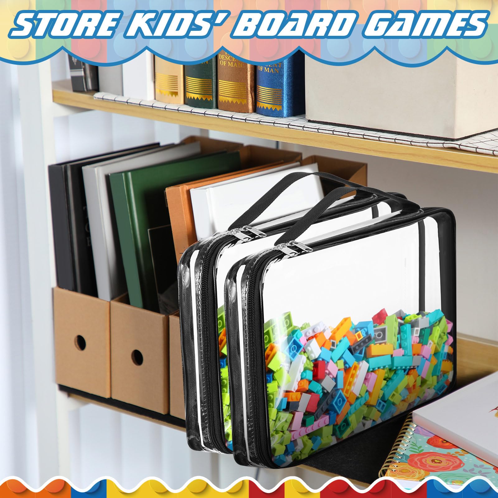 Sanwuta Paquete de 6 bolsas de almacenamiento de juguetes, PVC transparente con cremallera, contenedor impermeable para juegos de mesa, bloques de construcción, rompecabezas, juguetes pequeños y