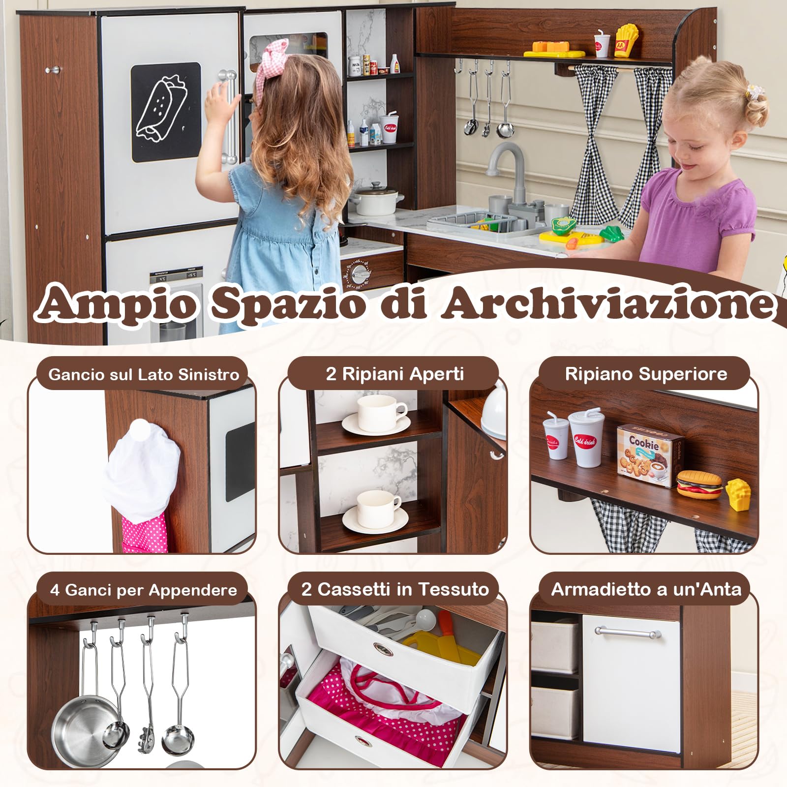 GYMAX Cucina Giocattolo ad Angolo per Bambini, Set da Cucina in Legno con Cappa Illuminata e Fornelli con Suoni, Realistico Fabbricatore di Ghiaccio, Regalo per Bambini 3 + Anni (Stile 1)
