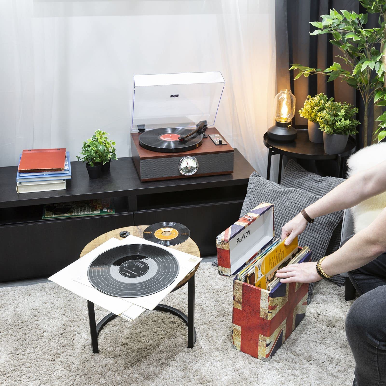 Fenton RP180 Platine Vinyle Lecteur CD Design Retro - Bois Foncé, Récepteur Bluetooth, Haut-Parleurs Intégrés, 33, 45 et 78 Tours, Sortie RCA, Radio FM, Contrepoids Réglable, Fonction Arrêt Auto