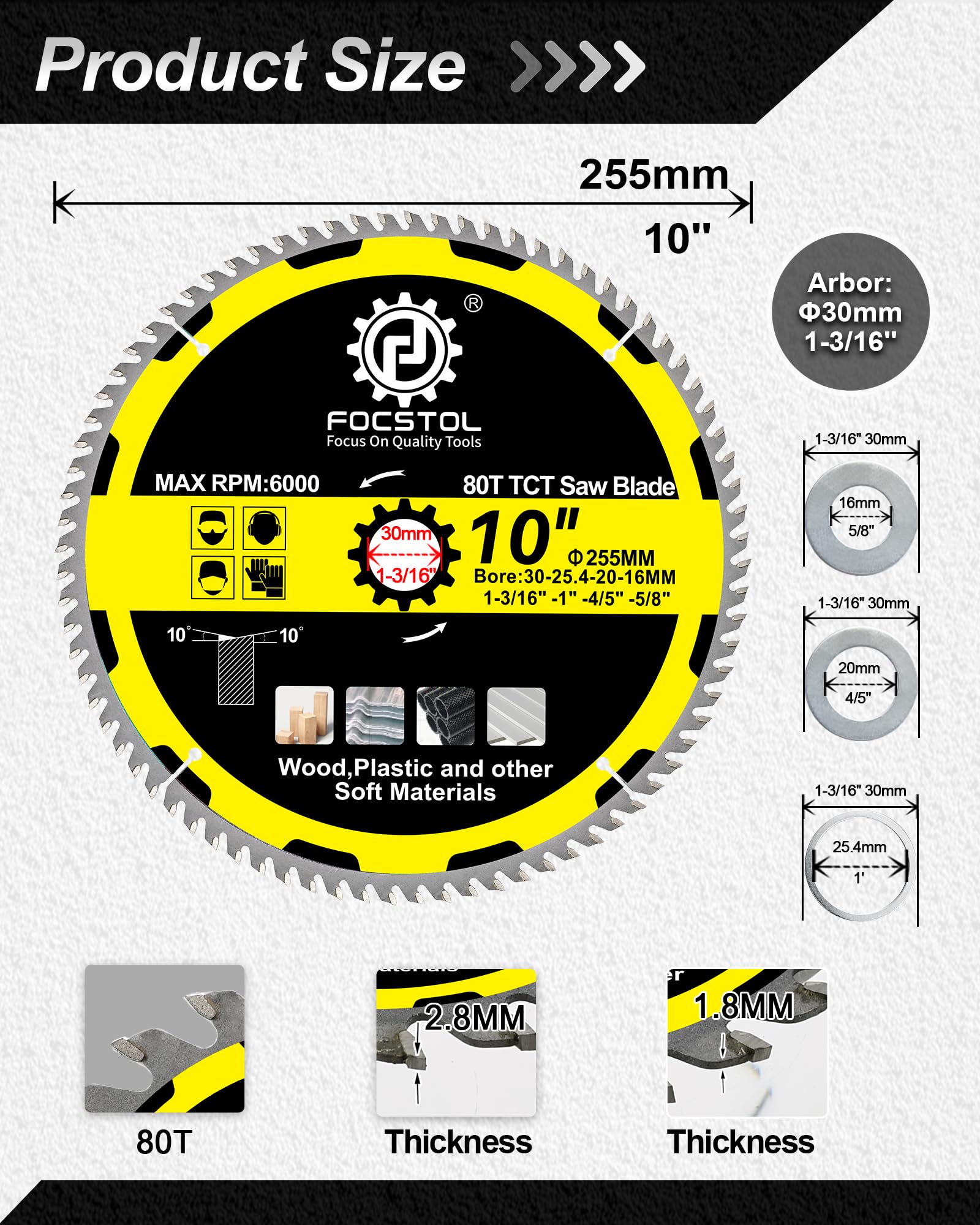 FOCSTOL Hoja Sierra Circular para Madera 255mm x 30mm - 5 piezas Disco Corte para Madera con 80 Dientes para Contrachapado, Tablero de Partículas, Plásticos y Otros Materiales Blandos