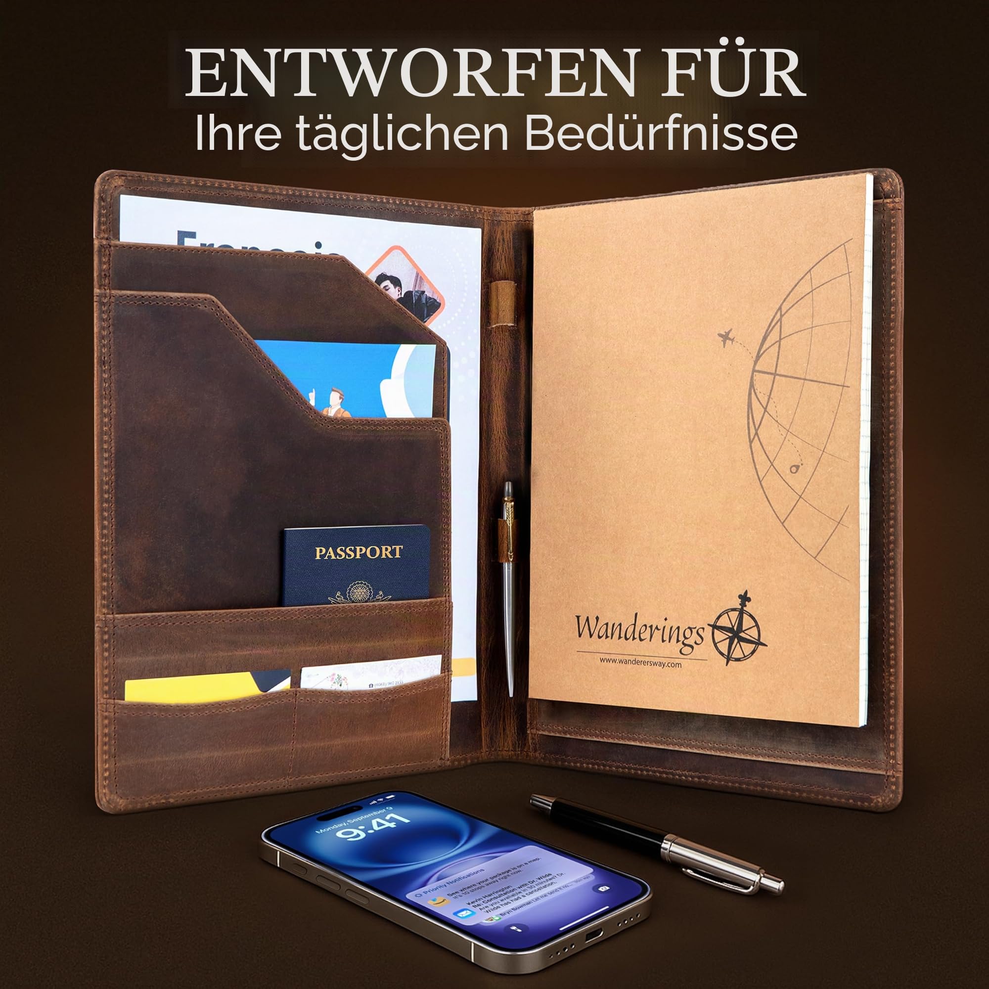 Wanderings Vintage Leder-Padfolio – 25,4 x 33 cm – Professioneller Organizer und Lebenslaufmappe, Antikleder-Dokumentenmappe mit Schreibblock Ideales für Männer und Frauen
