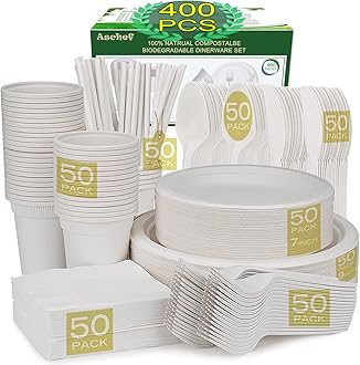 400pcs Eco-Friendly Disposable Paper Plates Bulk and Cups Napkins Cutlery Sets Non-Plastic Biodegradable Compostable Dinnerware for Dessert Dinner Birthday Party (50 Guest)