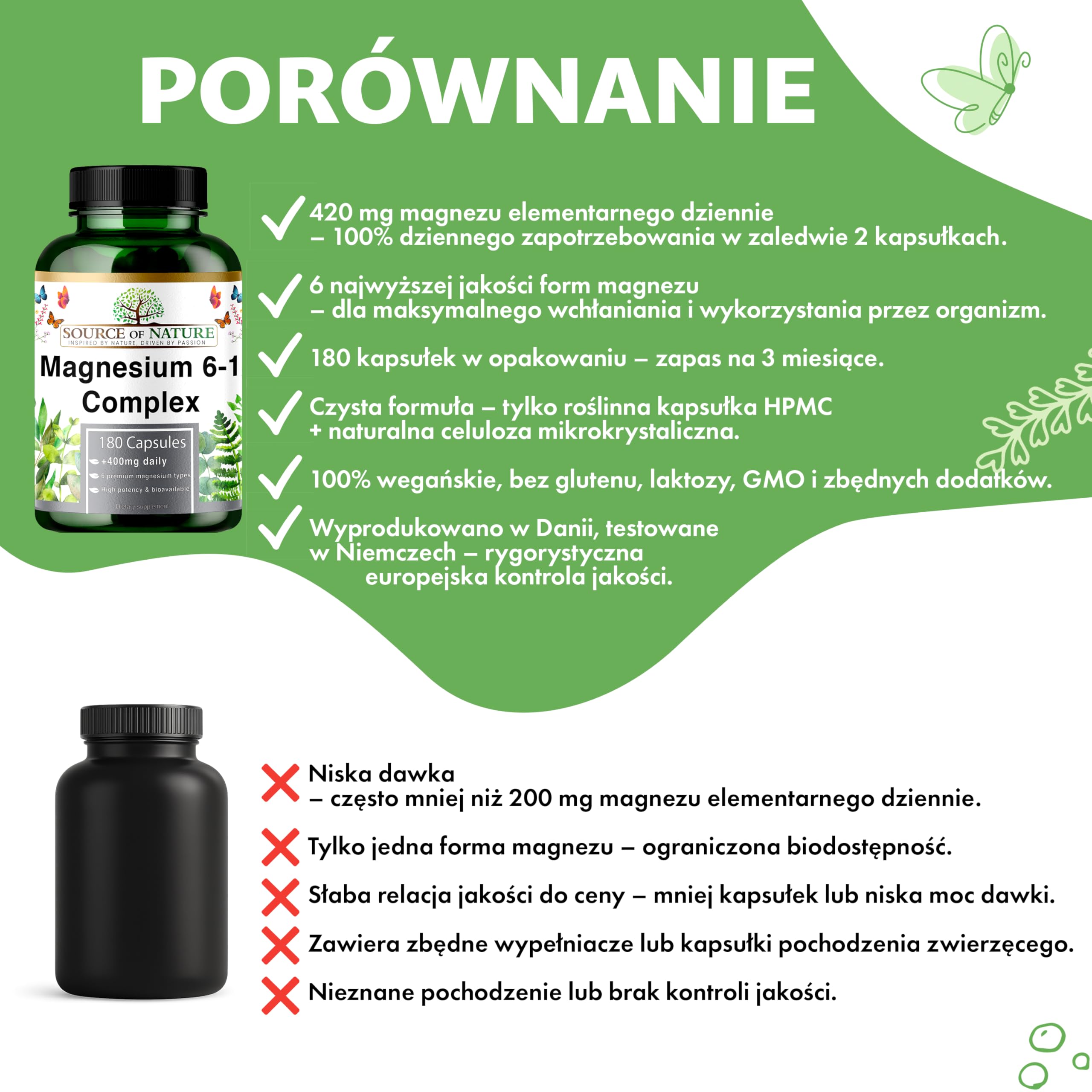 Magnez Kompleks 6-1 1500 mg Dziennie | 400 mg Magnezu Elementarnego | Tlenek, Bisglicynian, Jabłczan, Taurynian, Cytrynian & Asparaginian | 180 Kapsułek Wegańskich | Wysoka Dawka & Biodostępność