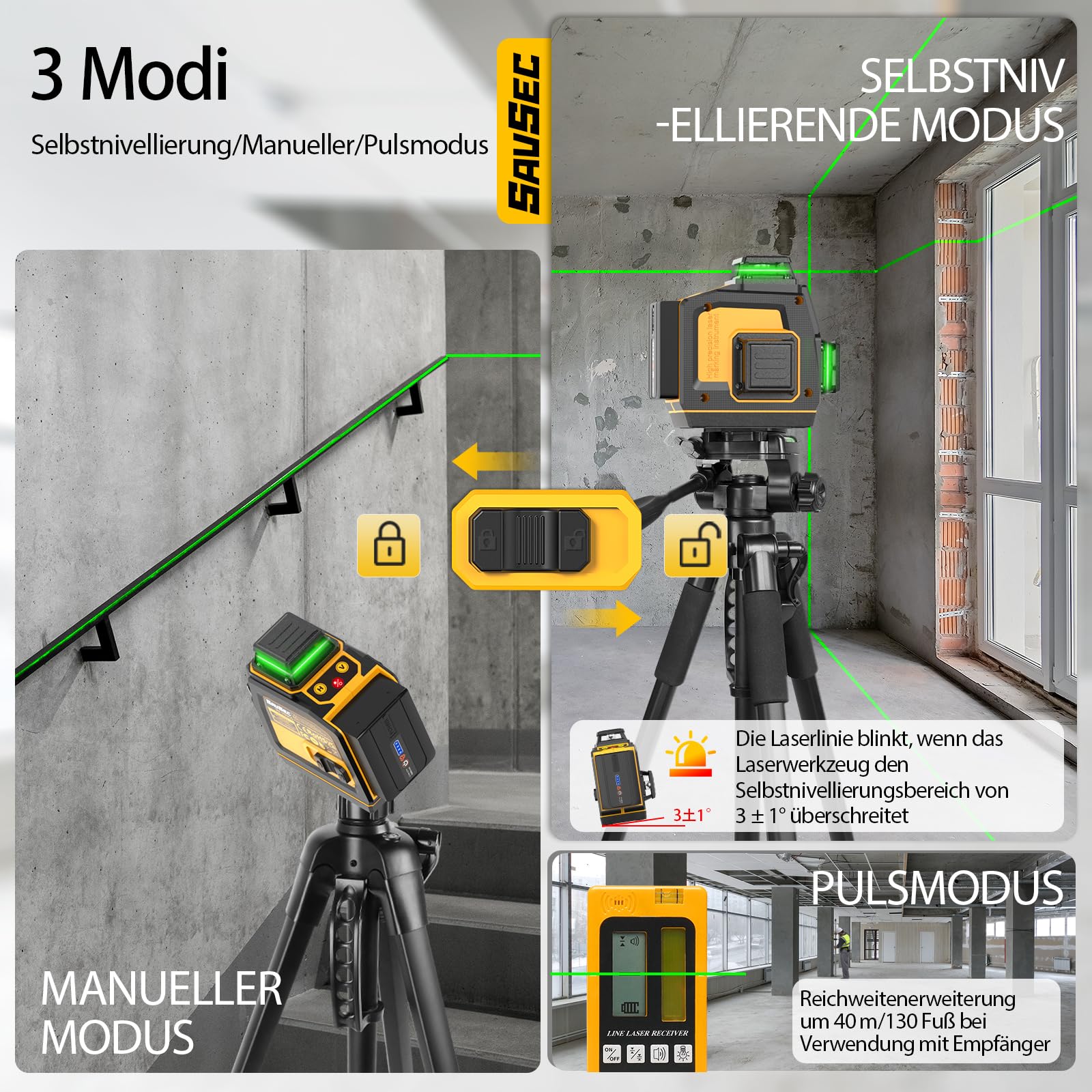 Nivel Laser 360 Autonivelante, 3x360° (hasta 37 horas) Nivel Láser Verdes, 12 Líneas Nivelador Laser, Recargable, Brillo ajustable, Control remoto, Conmutable, Para Uso Doméstico y Exterior