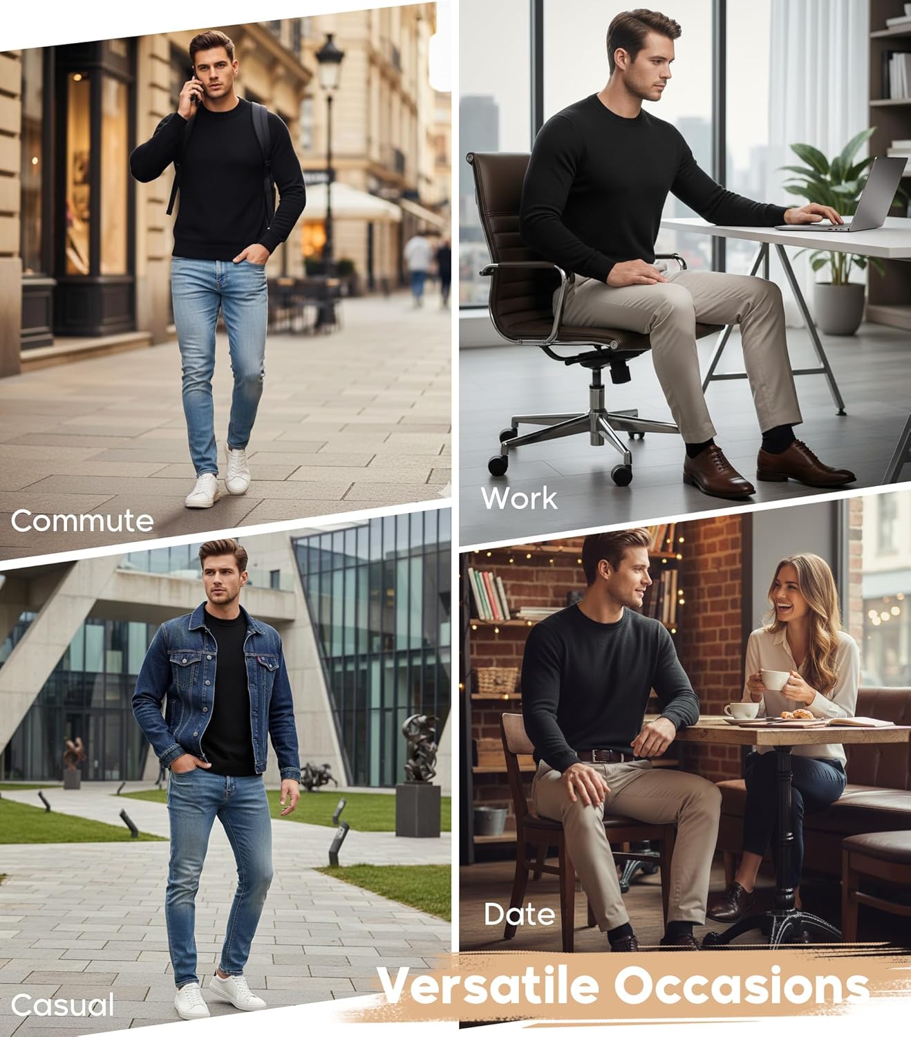 VPG Crewneck Sweater for Men, Lightweight Knit Plain Silm Fit Pullover, Black/White/Blue - Image 6