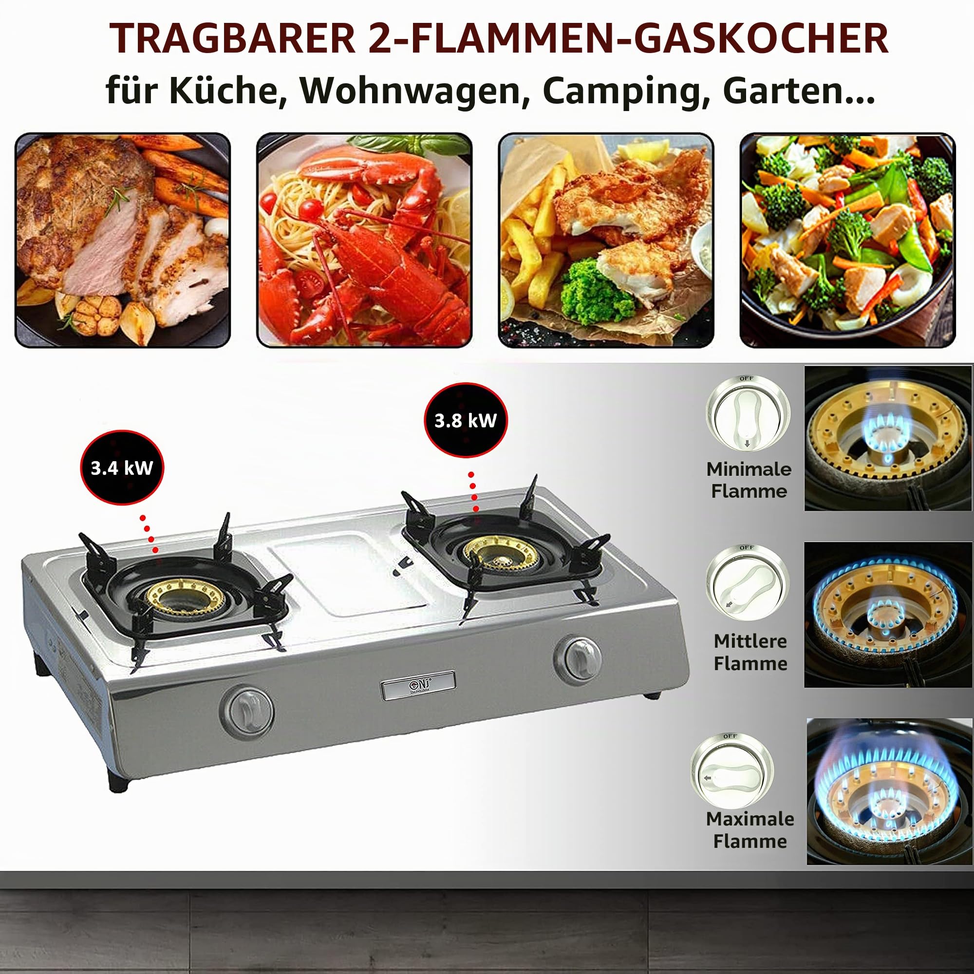 NSD-2 Hochwertiger Edelstahl Gaskocher 2 flammig 9,0 KW LPG Campingkocher WOK Hockerkocher mit Zündsicherung inkl. Gasschlauch-Regler Set