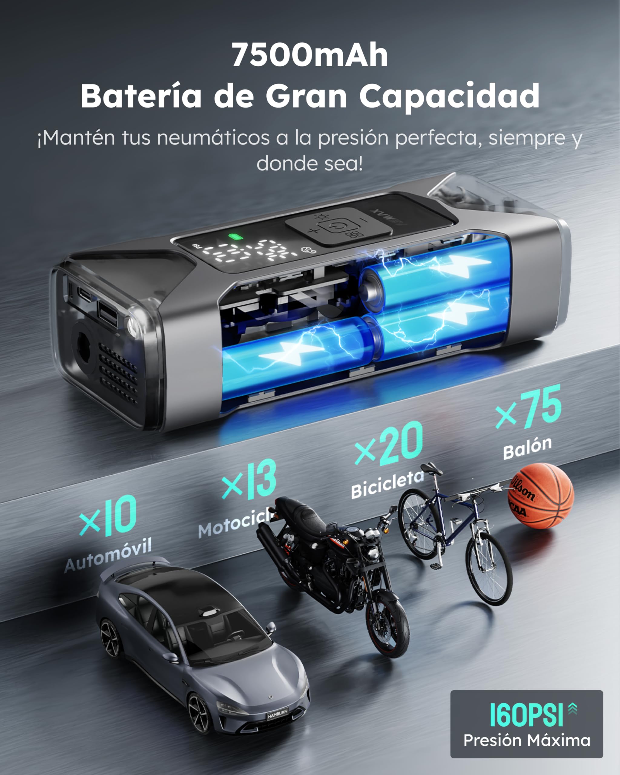 ASMAX Compresor Aire Portatil 7500mAh, 160PSI/11Bar Inflador Electrico con Manómetro, Batería Recargable, Pantalla LCD, 5 Modos Bomba de Aire para Coche, Moto, Bicicleta, Pelota, con Linterna LED