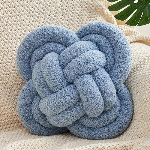 Xiashrk Almohada con nudo, almohadas decorativas suaves de 12 pulgadas para sofá cama, almohada de felpa anudada azul hecha a mano, cojín cuadrado