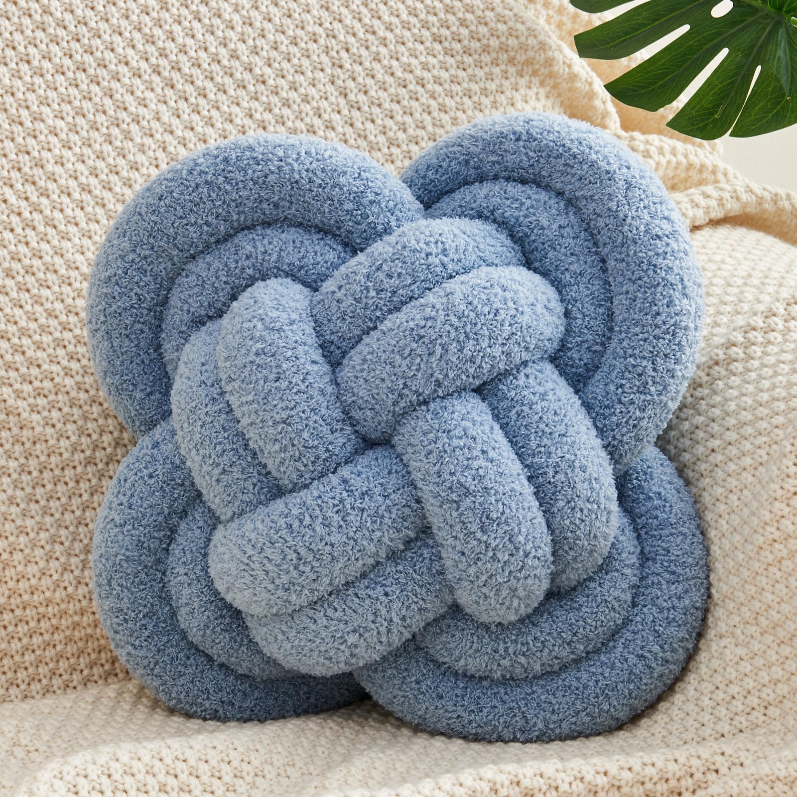 Xiashrk Knot Pillow Ball, 12" Soft Decorative Throw Pillows for Couch Bed, Blue Knotted Plush Throw Pillow Handmade Square Cushion Home Couch Decor Pillows for Living Room