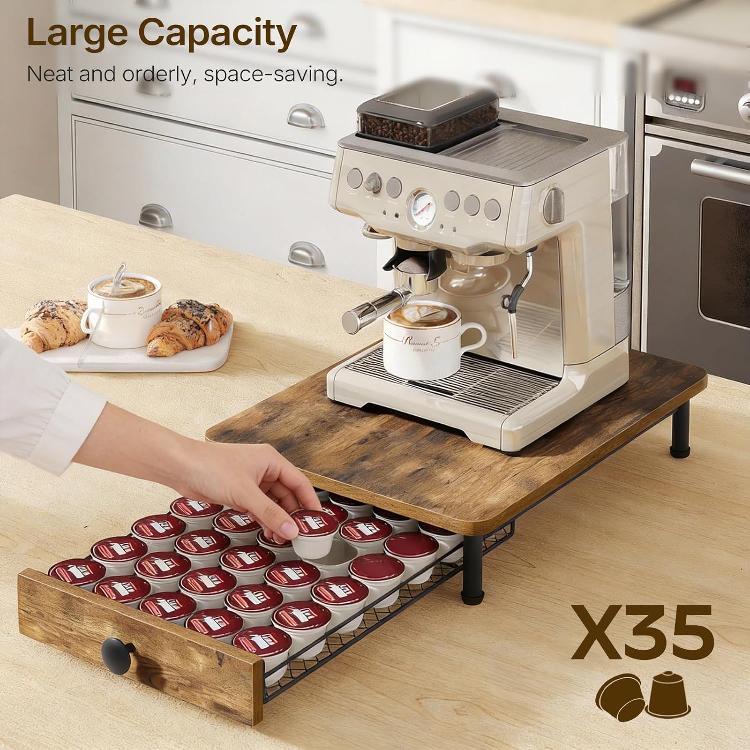 YATINEY Coffee Pod Drawer Holder, Coffee Pod Drawer for K Cup, 35 Capacity Coffee Capsules Storage Organizer, Sliding Mesh Basket, for Home Office, Kitchen, Rustic Brown KH08BRG1