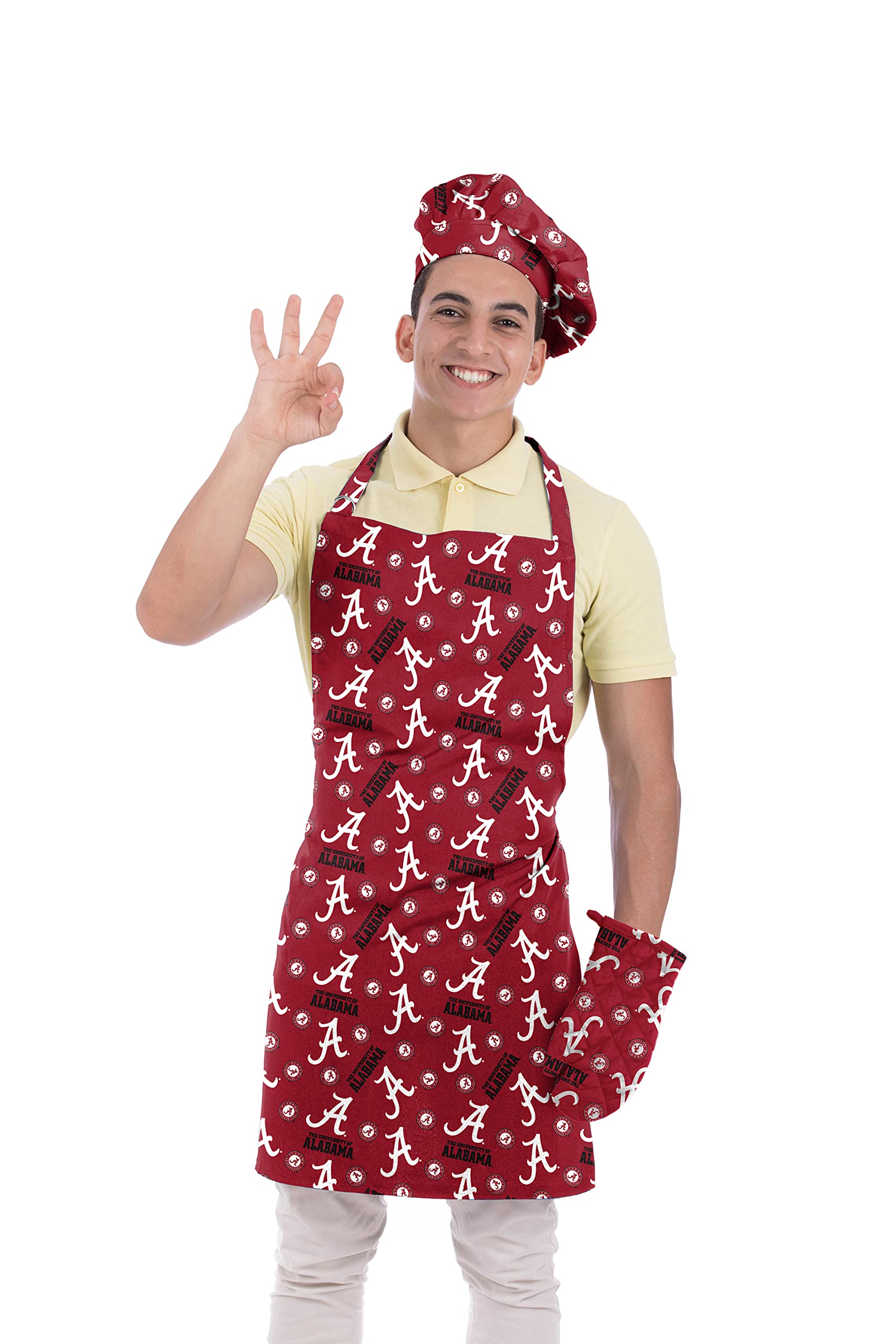 NORTHWEST NCAA 3 Piece Chef Set, Apron, Oven Mitt and Chef Hat Set, Scatter Print, Alabama Crimson Tide