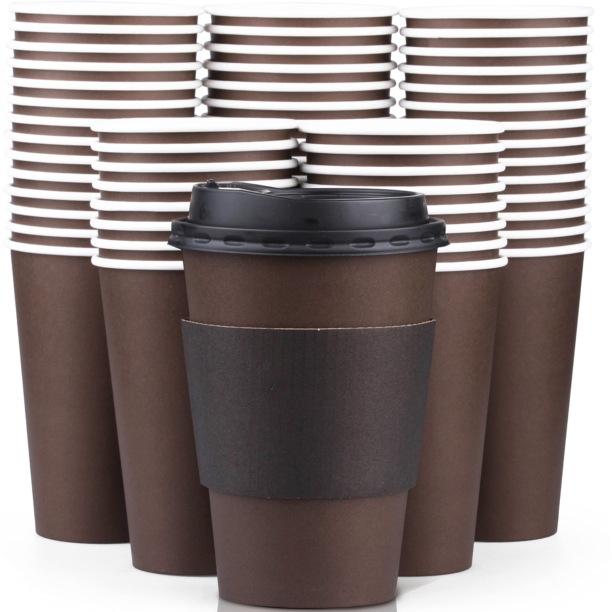 Promora 12 oz Disposable Coffee Cups with Lids &amp; Sleeves, Premium Insulated To Go Coffee Paper Cups (12 oz, Pack of 80) Brown and Black