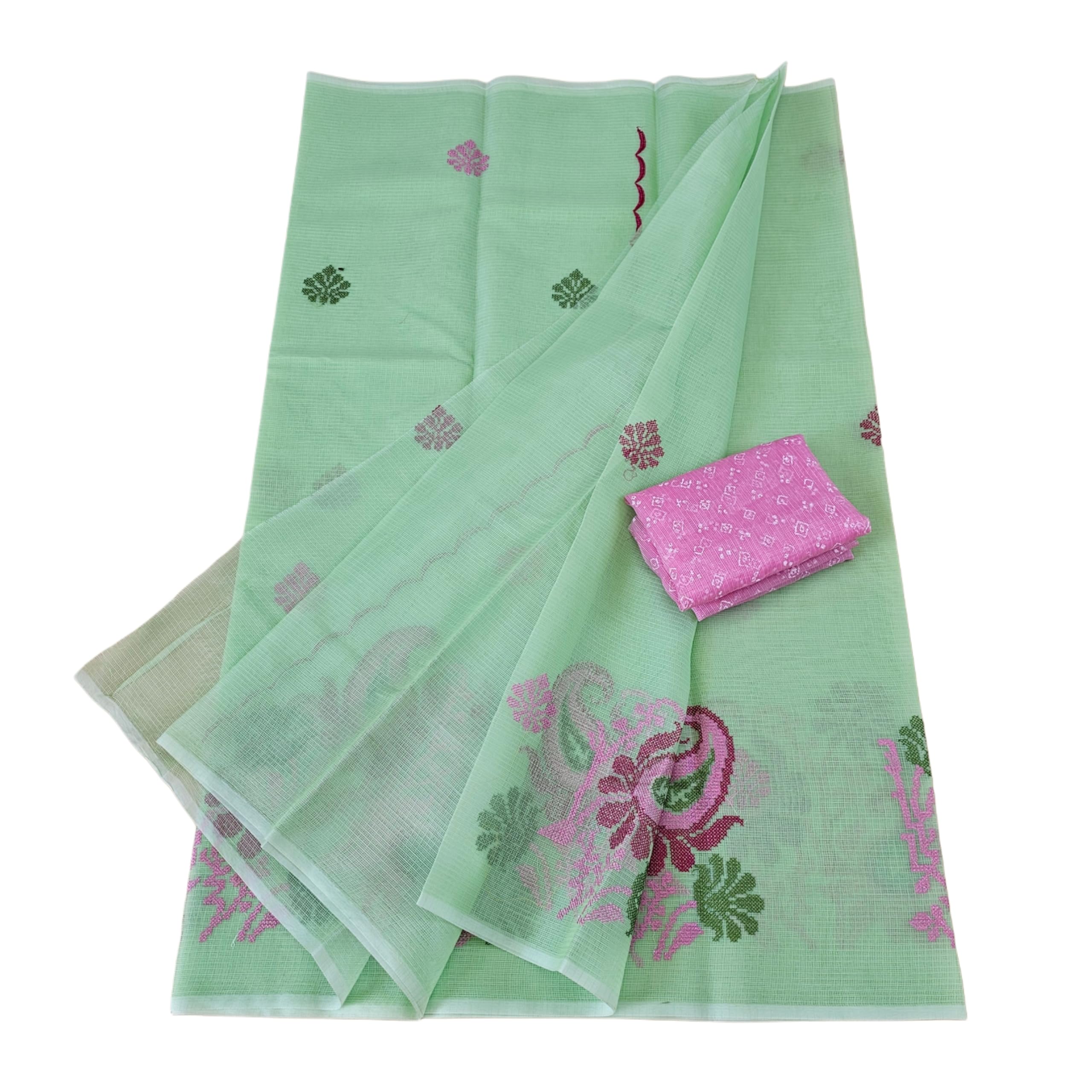 Women's Kota Doria Saree with Cross Kerry Embroidery Design, Turquoise and Pink, Lightweight Ethnic Wear-image-8