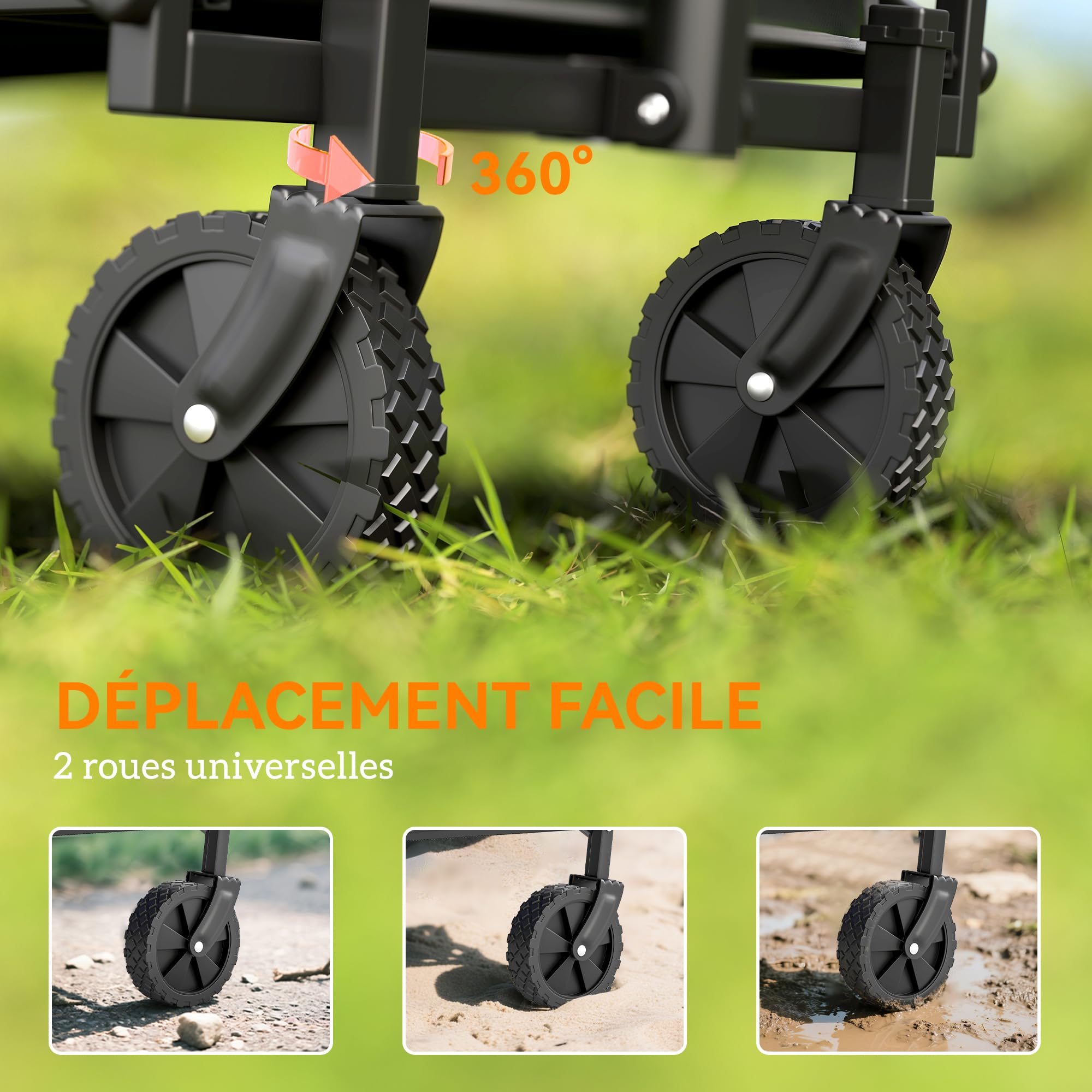 Outsunny Chariot de Transport de Plage Pliable à roulettes 60 kg Noir | Chariot de Jardin, Poignée Télescopique, Remorque avec Sacs de Transport, pour Plage, Camping, Festival