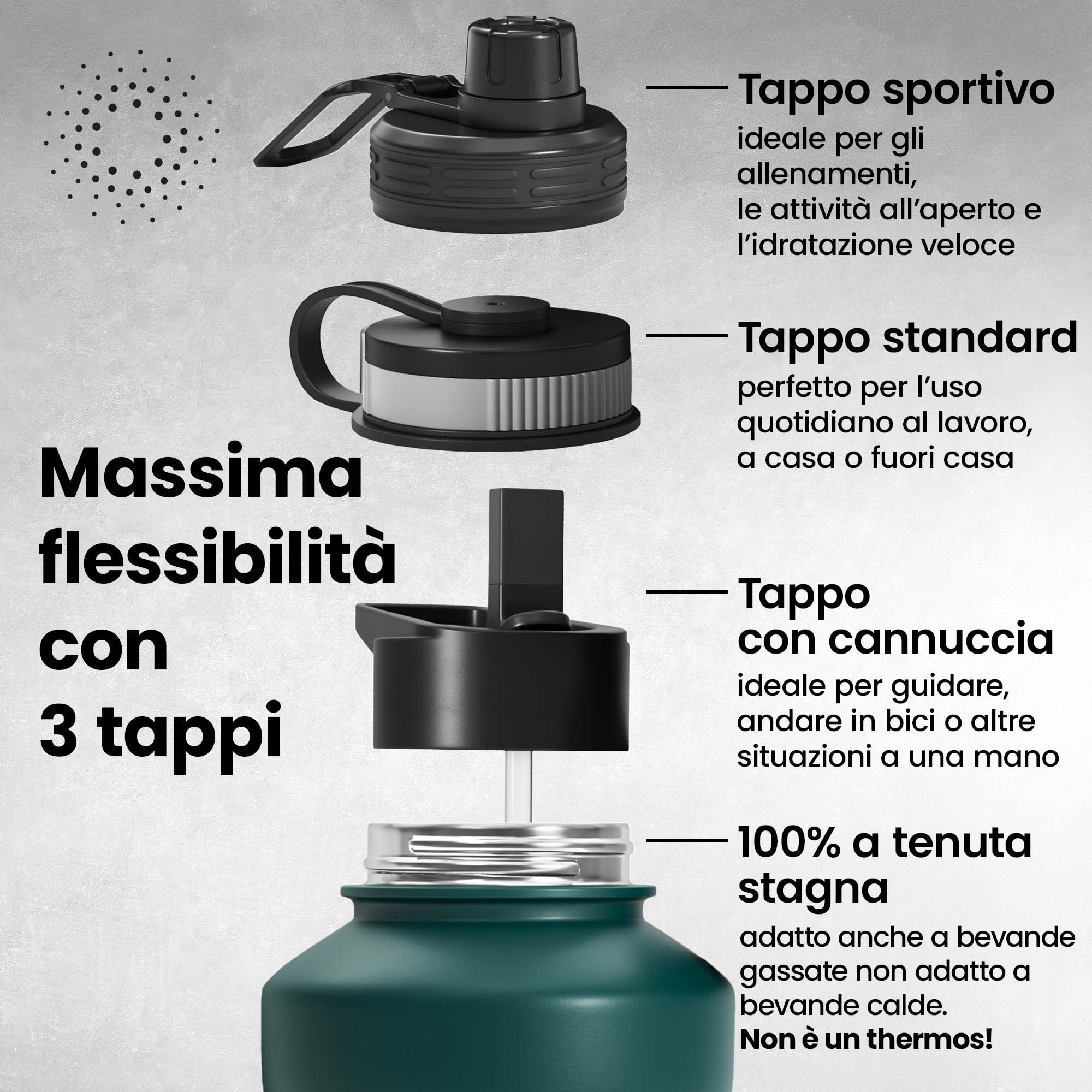 Borraccia in acciaio inox Active Flask + cannuccia (3 tappi) | 1,3/2,2 litri bottiglia sportiva senza BPA a prova di perdite per bibite gassate, 2l XL bottiglie Sport Outdoor Palestra Acqua