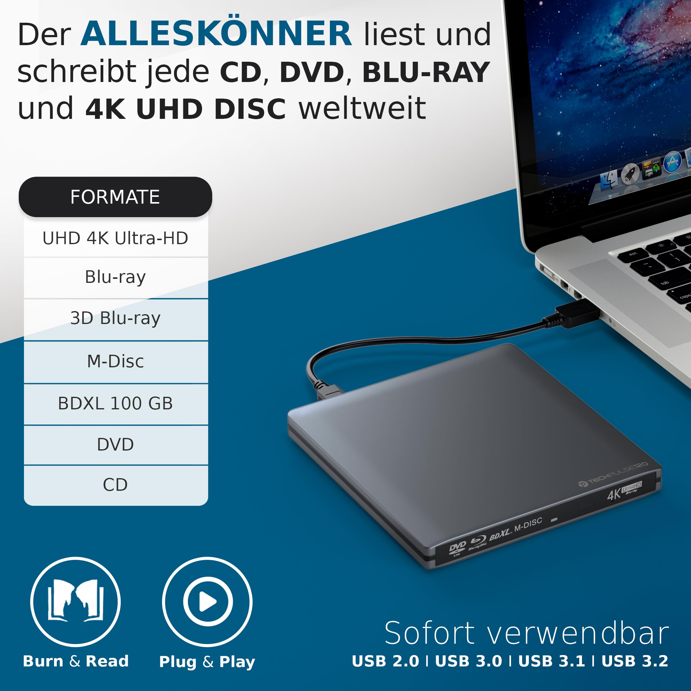 techPulse120 Grabadora de BLU-Ray USB 3.0, versión 3 Aluminium [Paquete de lujo UHD 4K] Gris aluminio / antracita