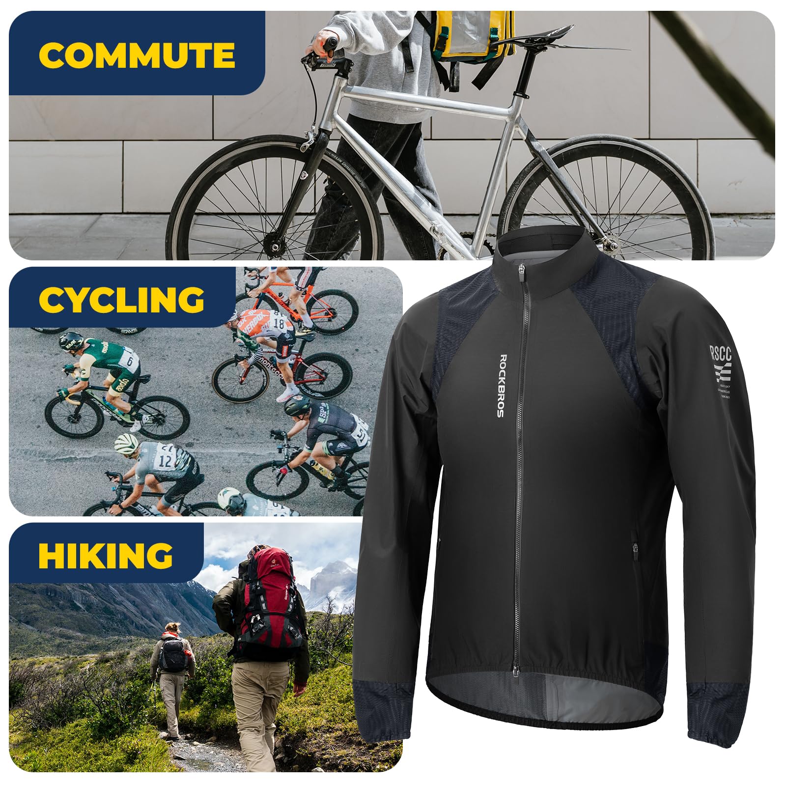 ROCKBROS Regenjacke Herren Wasserdicht Atmungsaktiv Leicht, Mit Reflektierenden Details, Winddicht TPU Windjacke Regenmantel, Fahrradjacke für Radfahren Wandern Laufen, Schwarz