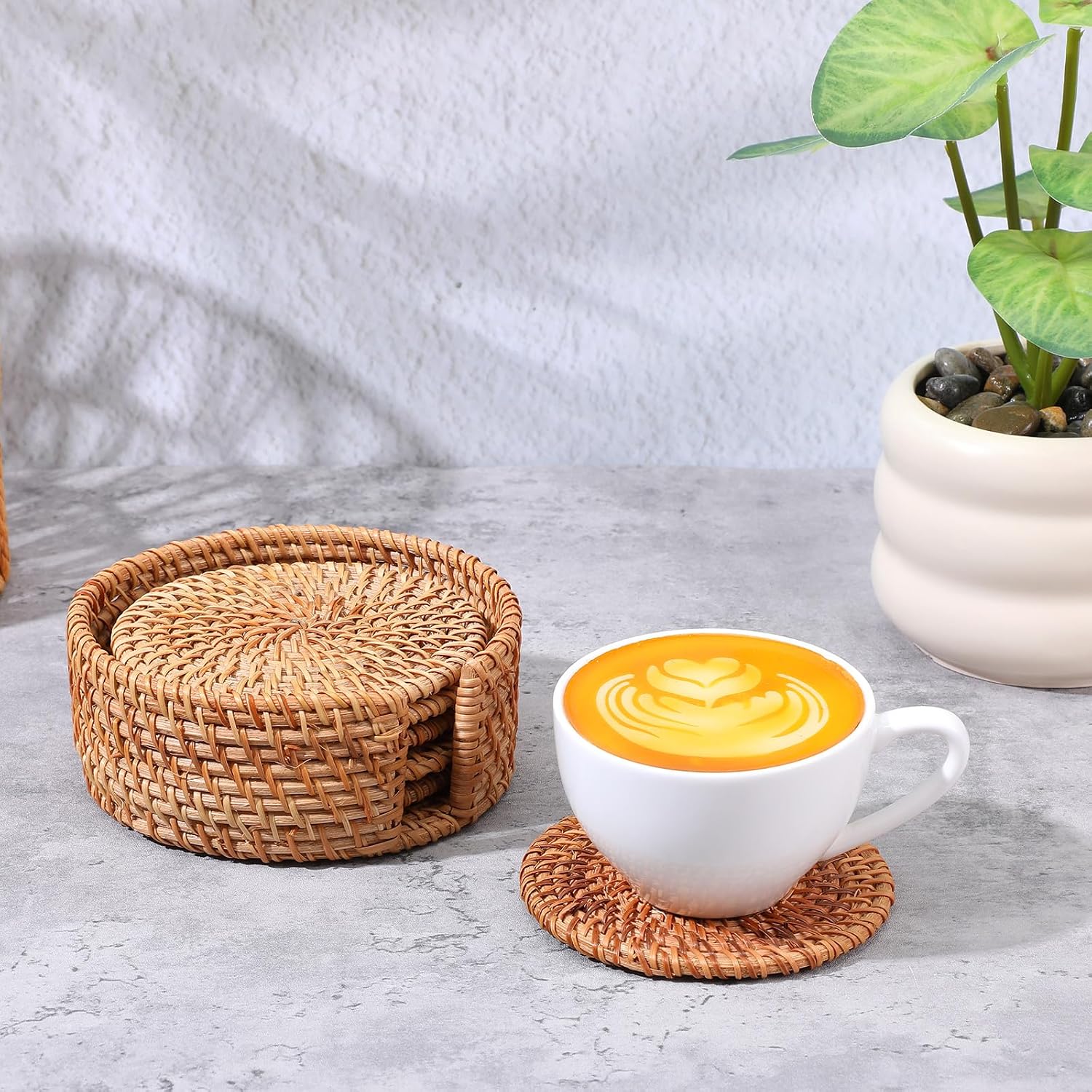 12 Pack Handmade Rattan Coasters with Holder, 4 Inch Natural Wicker Boho Drink Coasters Set, Heat Resistant Reusable Table Protectors for Home Decor, Brown