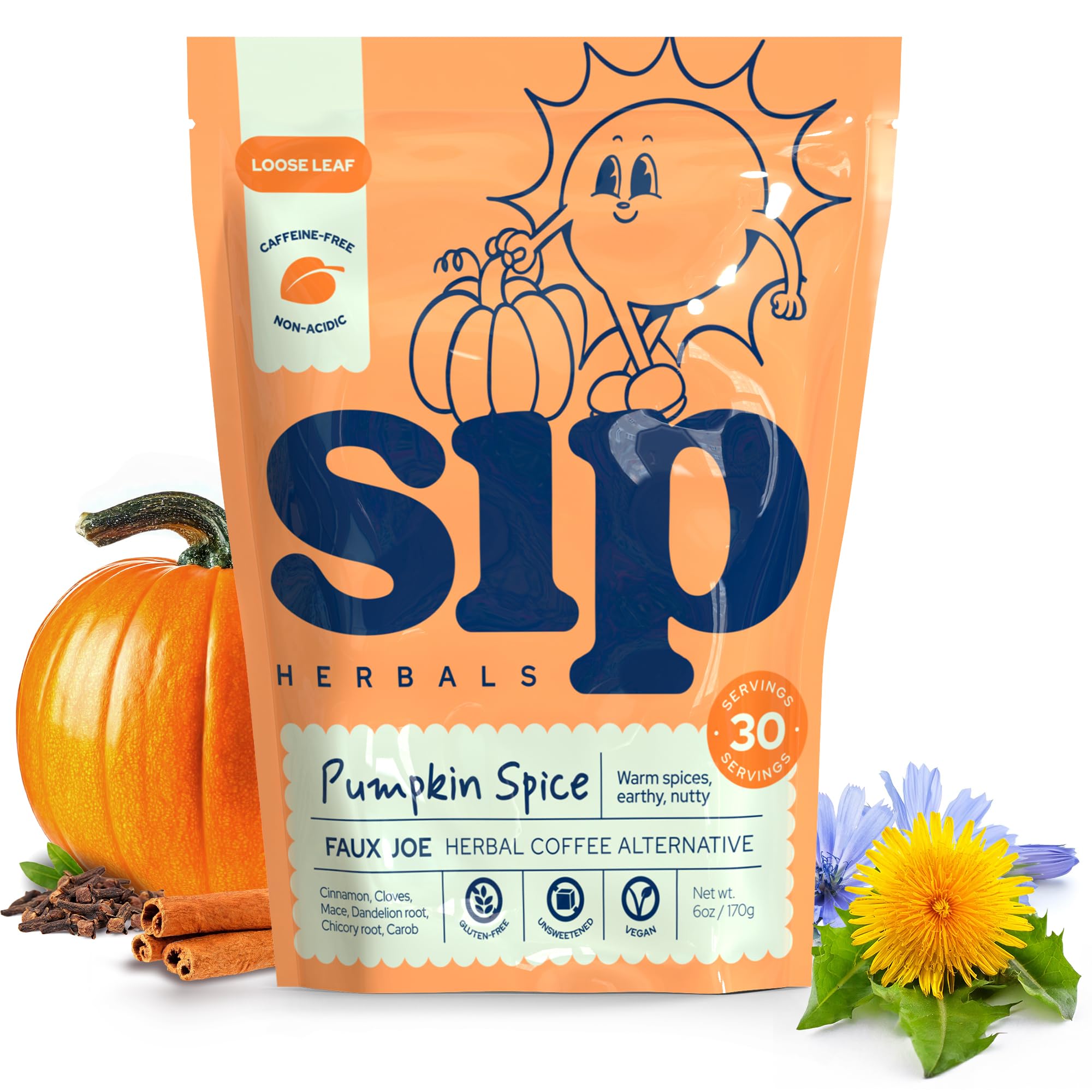 Sip Herbal Coffee Alternative Herbal Tea - Boost Energy & Focus - Caffeine Free Organic Coffee Substitute Made with Carob, Dandelion, Chicory - (Pumpkin Spice, 30 Servings)
