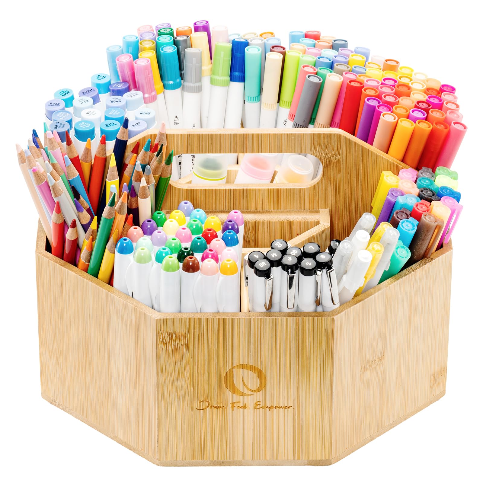 Ohuhu Organiseur rotatif pour marqueurs à alcool, rotation à 360 degrés en bambou pour bureau - Peut contenir 162 marqueurs Honolulu et B - Porte-crayons avec 8 compartiments pour la maison, la salle