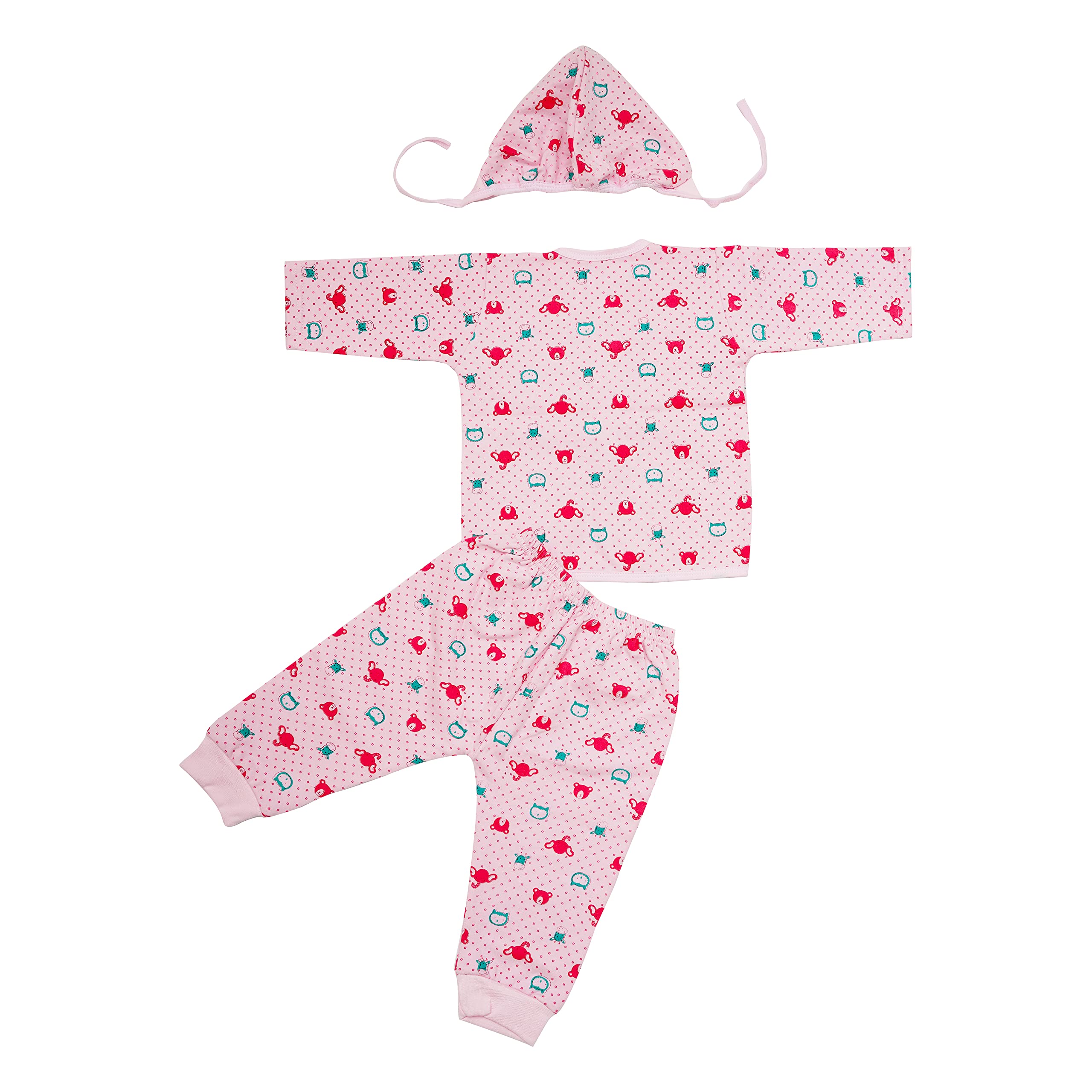 CUTE LANDINGS® 0-3|3-6|6-9|9-12 Months Baby Girls and Boys Hosiery Wear 3 Piece Set (Vest/T-Shirt/jhabla, Pyjama/Track Pant and Cap) Infant Clothes|Gift Set|Essentials|Dress Pink 1
