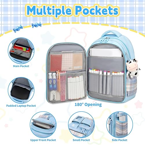Miniatura 3 de Linda mochila para niñas, paquete de 5 mochilas kawaii estéticas con juego de lonchera, mochila escolar para niños y adolescentes, Azul, Lindo Kawaii