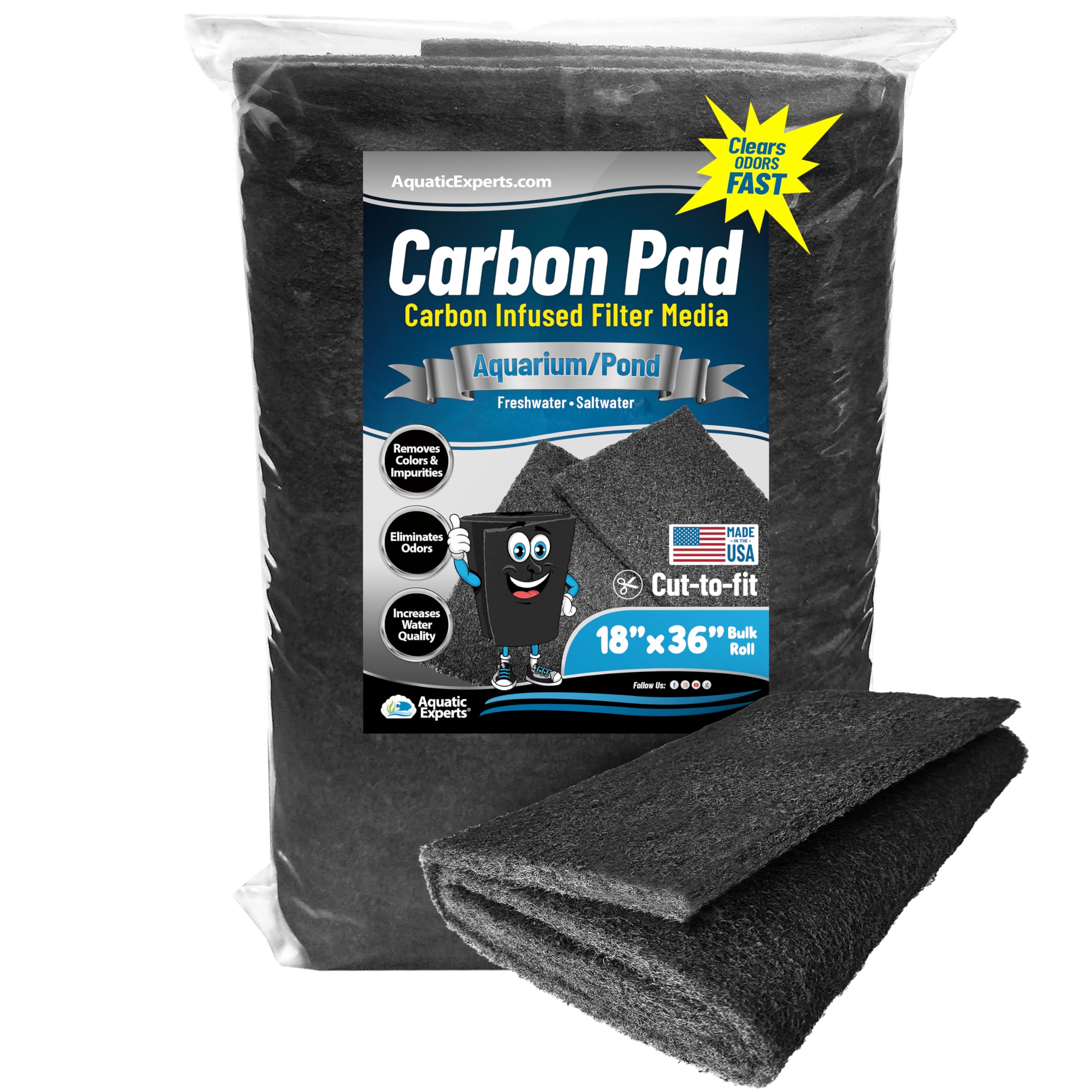 Aquarium Carbon Pad - Cut to Fit Carbon Infused Filter Pad Media for Crystal Clear Fish Tank and Ponds (Carbon Filter 18" x 36")