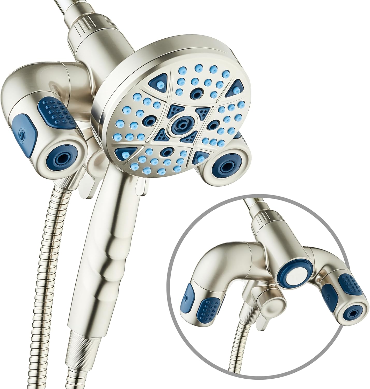 AquaCare Polaris High Pressure Multi Zone 208 Setting Shower Head & Handheld 3-way Combo System - Magnetic Docking Handle, Stay-Clean Jets, 6 ft. Metal Hose, All Nickel Finish, Top American Brand