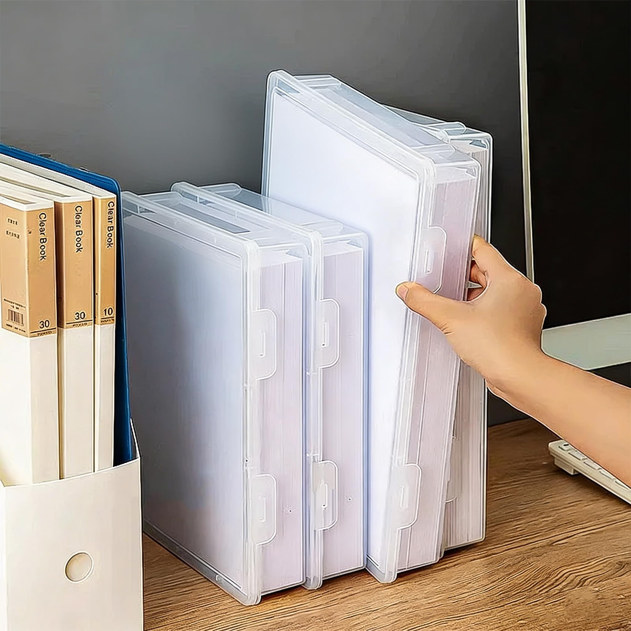 4 Pezzi Scatole Documenti Plastica Impilabili Scatola Dcumenti Portaoggetti Portatile Scatola File Trasparente con Scatto Scatole Documenti Plastica Portaoggetti per Lettere,Puzzle,Certificati