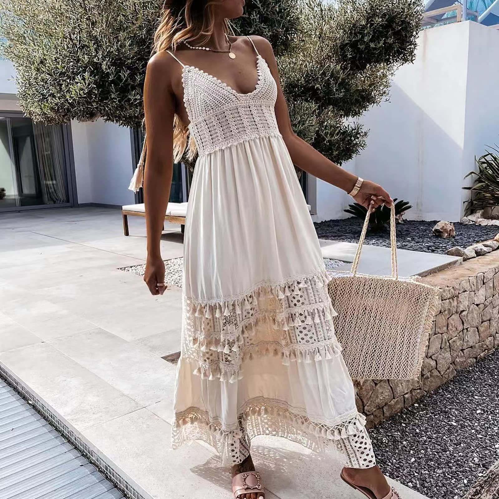Damska plażowa sukienka okryciowa bikini koronkowy seksowny strój kąpielowy boho z frędzlami lato (rozmiar: M, kolor: beżowy)
