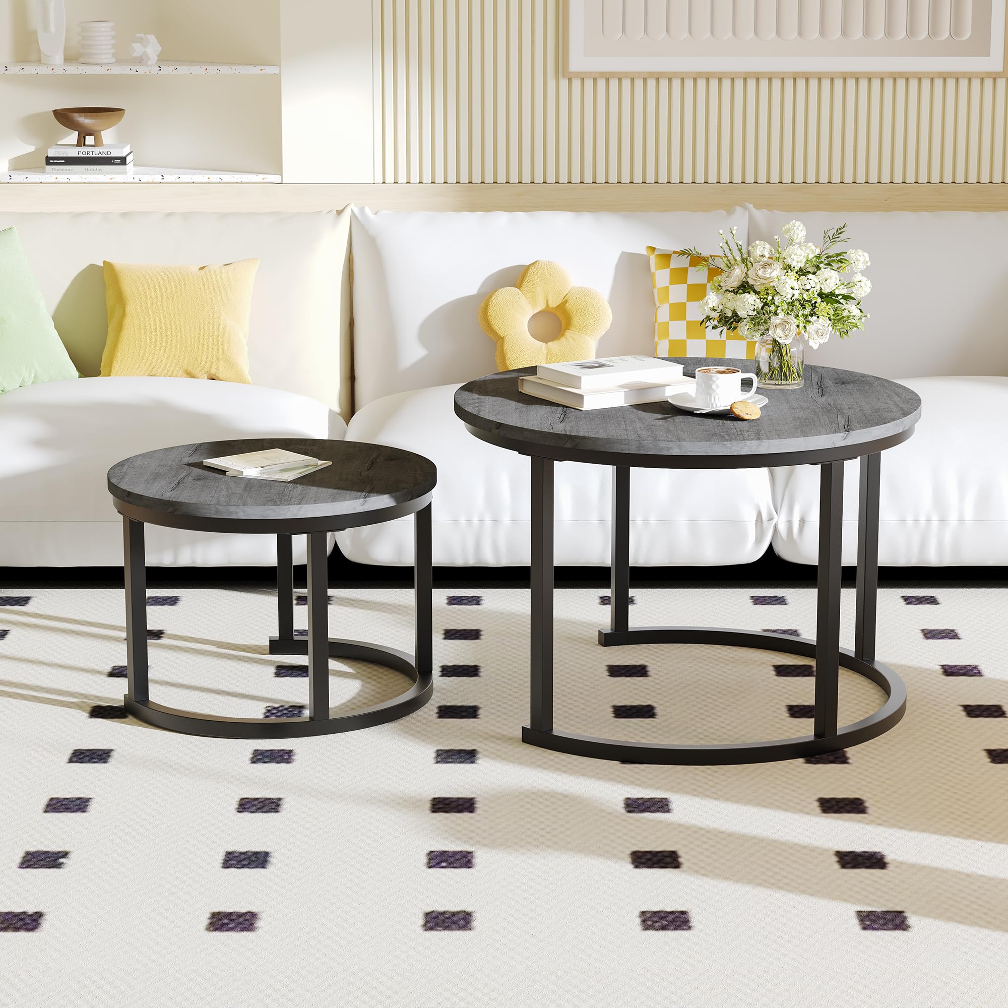 HOMERECOMMEND Set di 2 tavolini rotondi in legno, colore grigio | Tavolino da soggiorno moderno, set con struttura in metallo, per soggiorno, balcone, ufficio