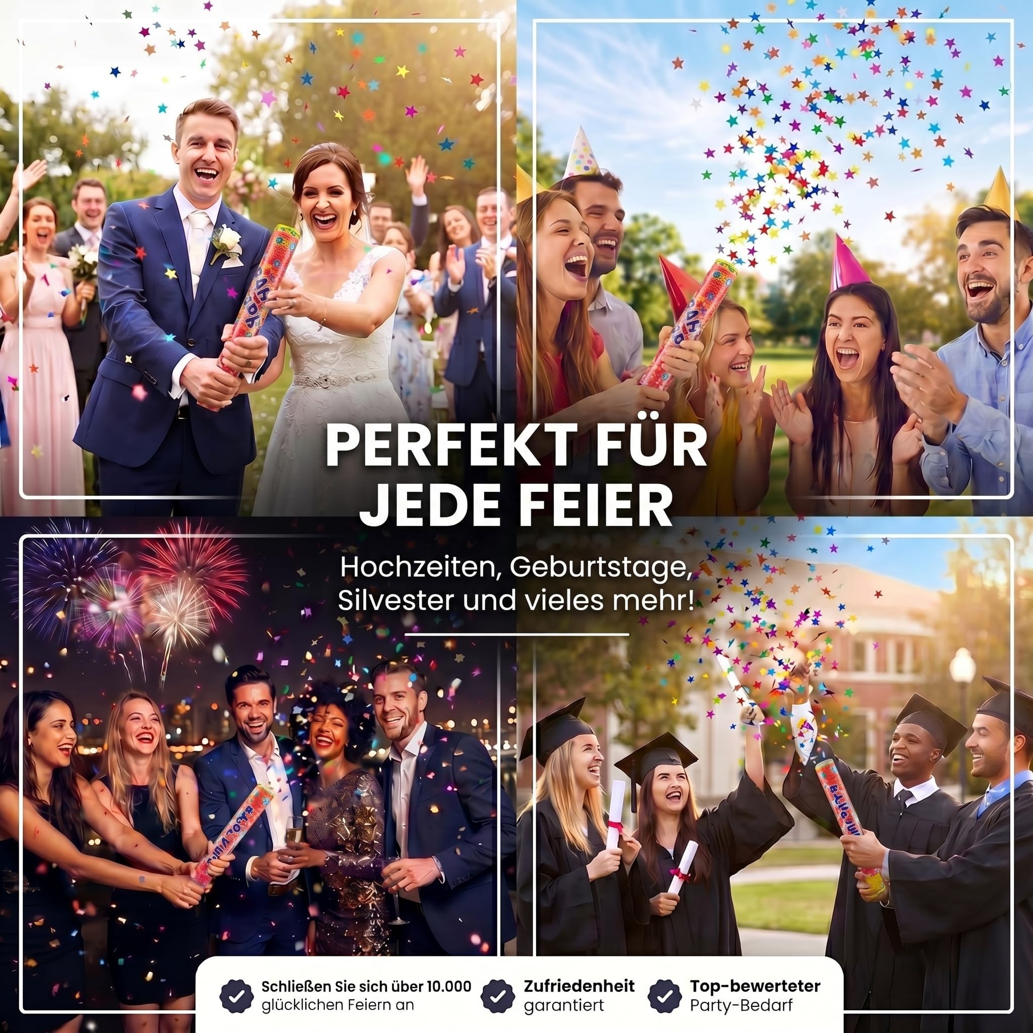GOODS+GADGETS® Konfettikanone XXL 10er Set, 100cm Party Popper Bunt | Maximaler Showeffekt für Hochzeit und Silvester, Konfettibombe mit 8m Schusshöhe, metallisches Folienkonfetti, flammhemmend