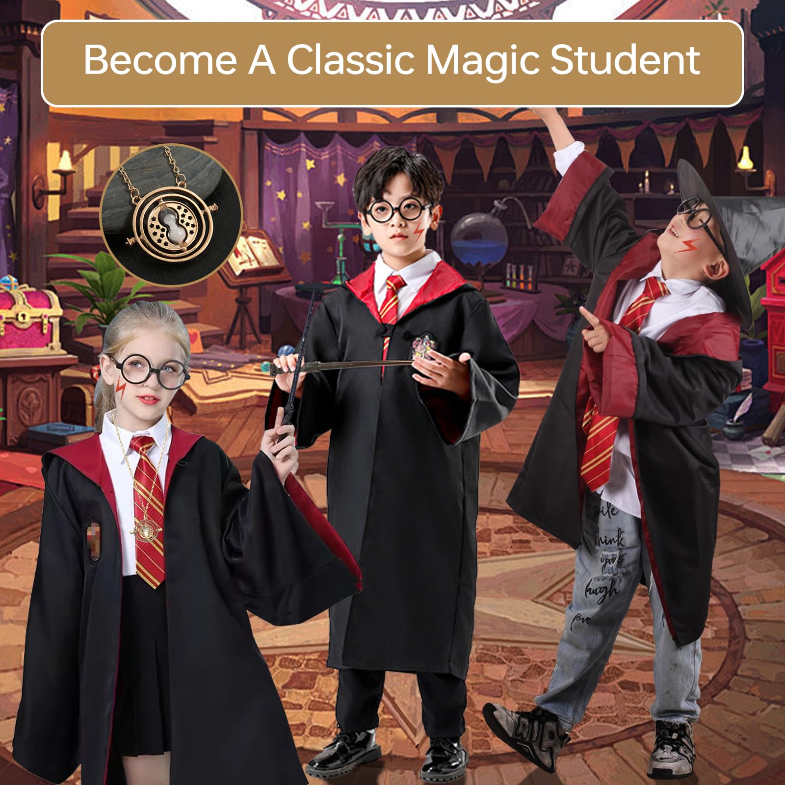 ZUYIST 6PCS Classic Wizard Costume Accessories, Wand Tie Glasses Necklace & Tattoos for Adults & Kids, Magic/Fantasy Theme Party Accessories - Image 2