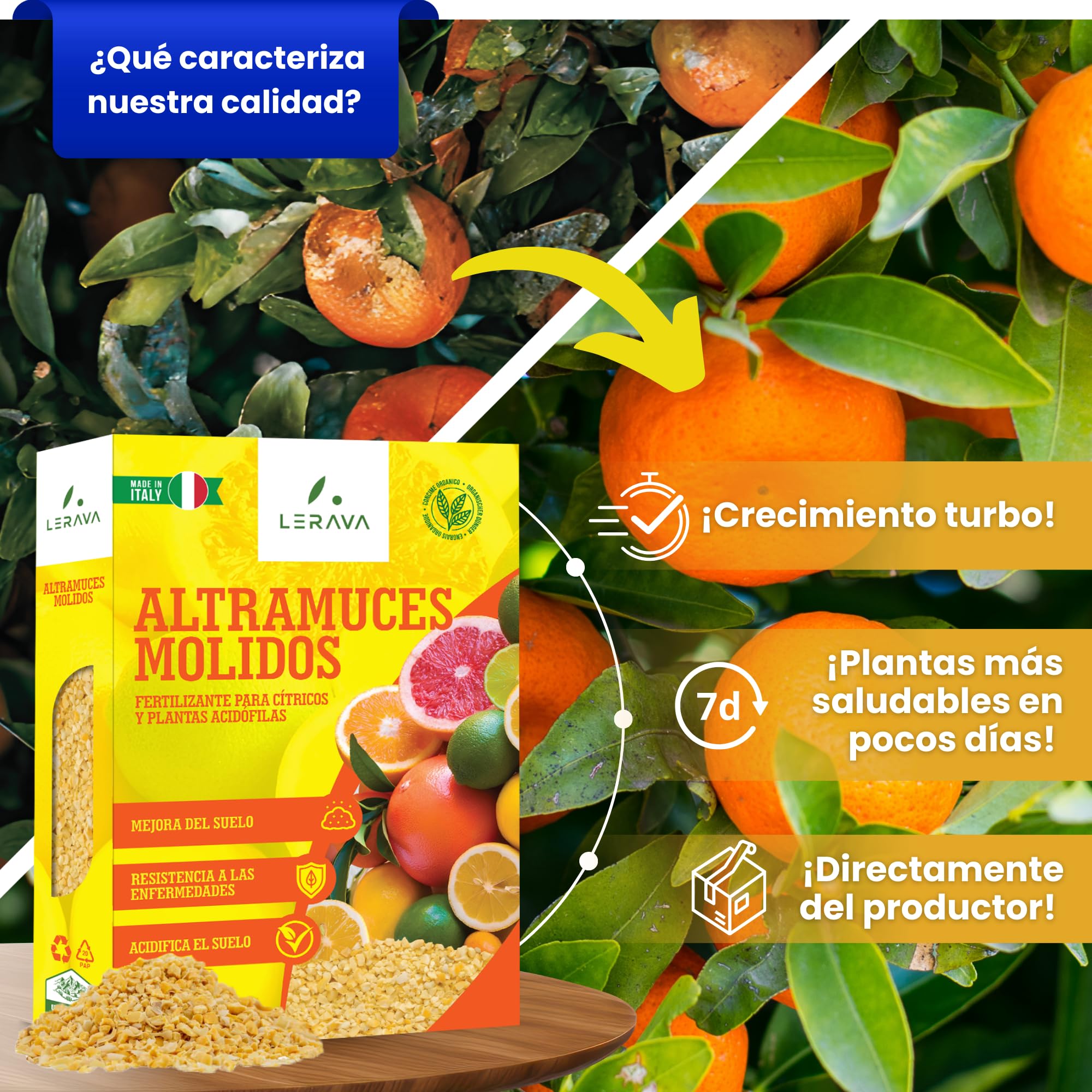 LERAVA Abono cítricos (3,6 kg) - fertilizante natural de altramuces molidos para limonero y naranjo - ideal para mandarino, kumquat y pomelo - mejora crecimiento, vigor y follaje en plantas acidófilas
