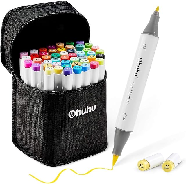 Ohuhu 48 Colours Alcohol Brush Markers, Double Tipped (Brush & Fine Tip) Sketch Markers for Kids, Artist Art Markers for Adult Coloring and Illustration, Bonus 1 Blender
