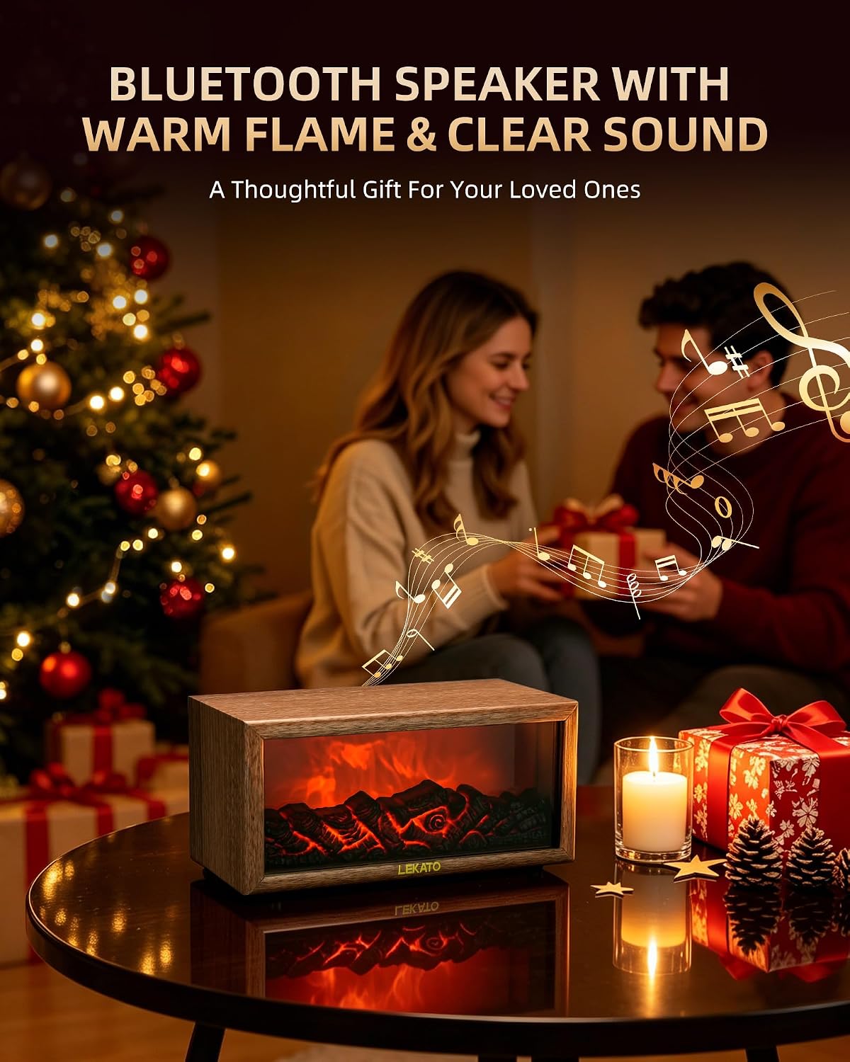 LEKATO 2-in-1 Flame Fireplace Decorative and Bluetooth Speaker