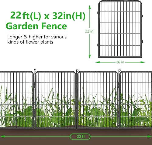 Miniatura 2 de Valla decorativa de jardín de hierro con puerta, 32 pulgadas de alto x 22 pies de largo, 10 paneles de valla de metal para patio, sin excavación,