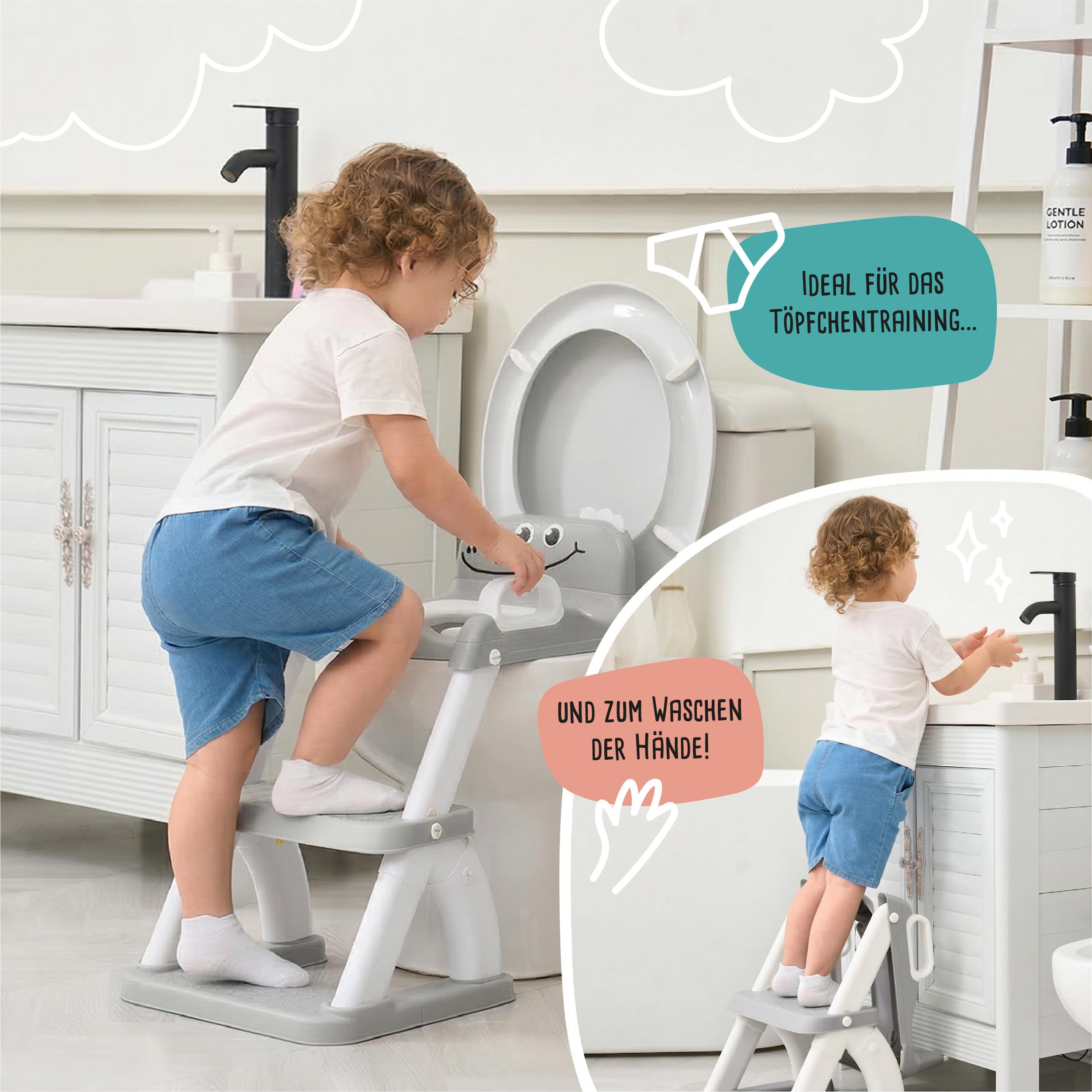 Toilettensitz Kinder mit Treppe – Höhenverstellbarer Kinder Toilettensitz mit Trittstufe & Rückenlehne – WC Sitz Kinder, Toilettentrainer, Klositz & Aufsatz Toilette Kleinkind