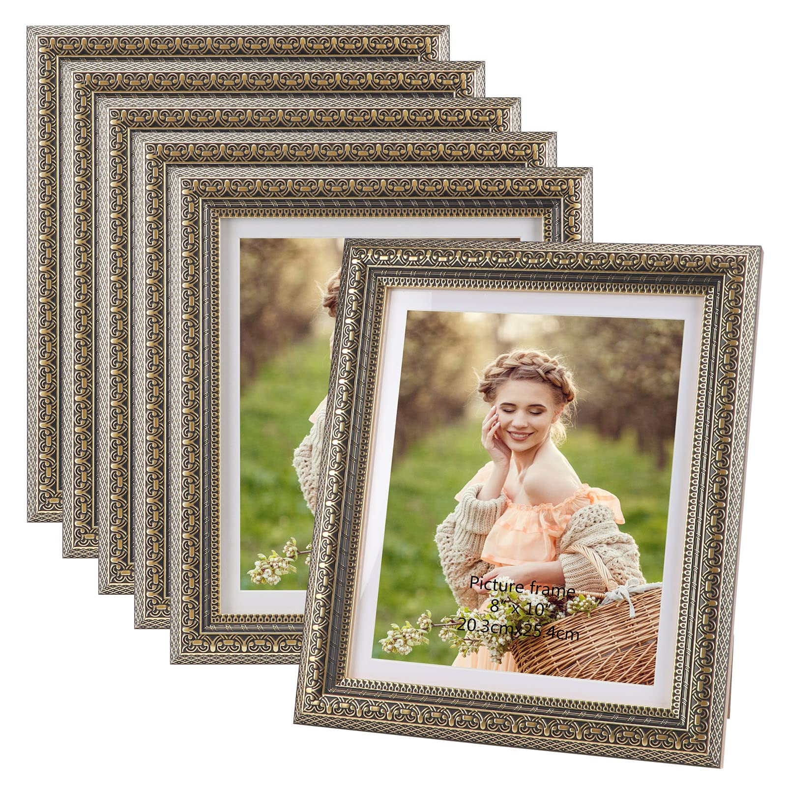 Photo 1 of 8x10 Picture Frames Set of 6, Ornate Antique Gold Frame Display Vintage Photos 8 by 10 Inch with Mat for Tabletop and Wall